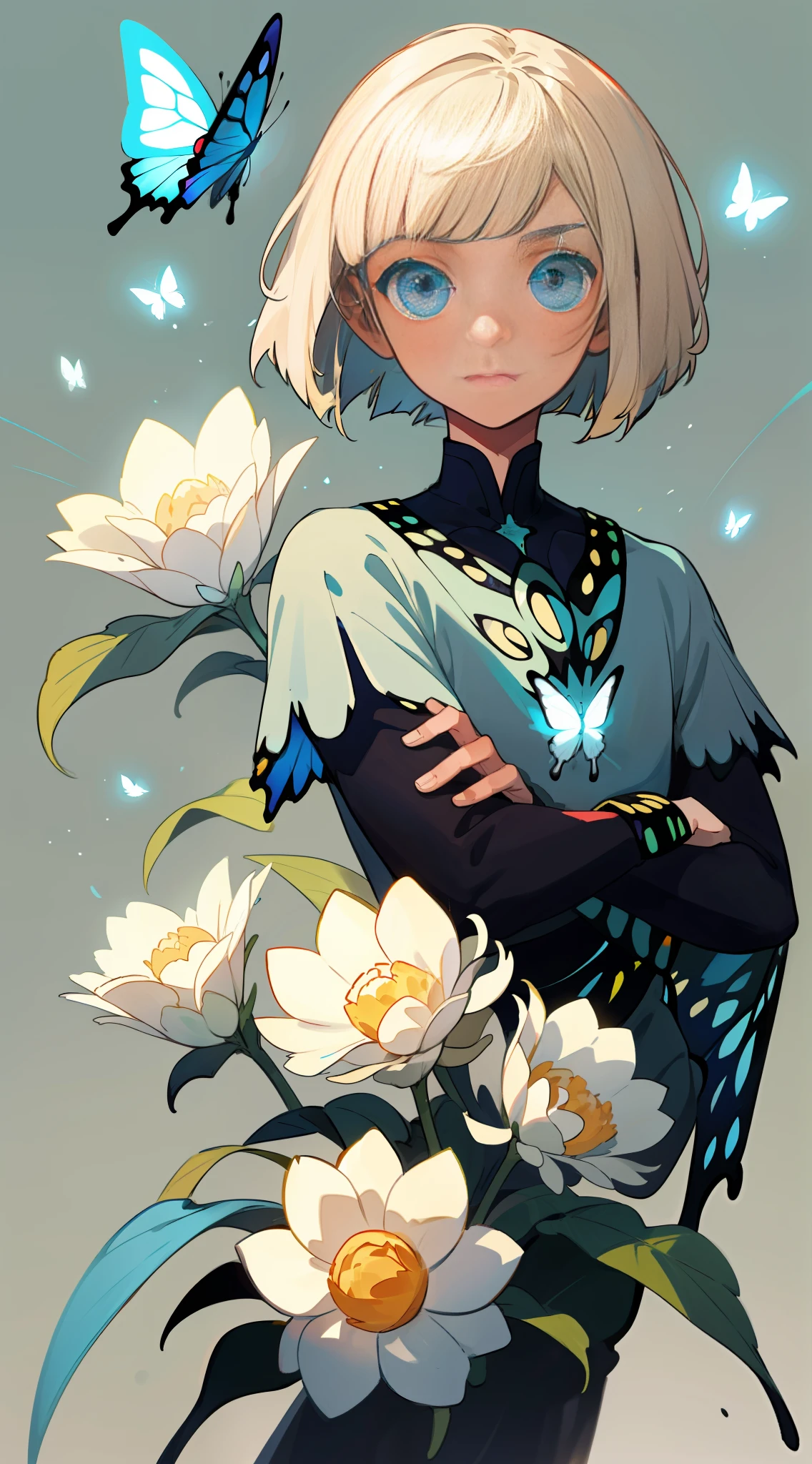 (best quality, masterpiece), 1boy, pose, particle, wind, flower, upper body, simple background, looking viewer, platinum blonde hair, bob cut, light blue eyes, Butterflies perched on his face