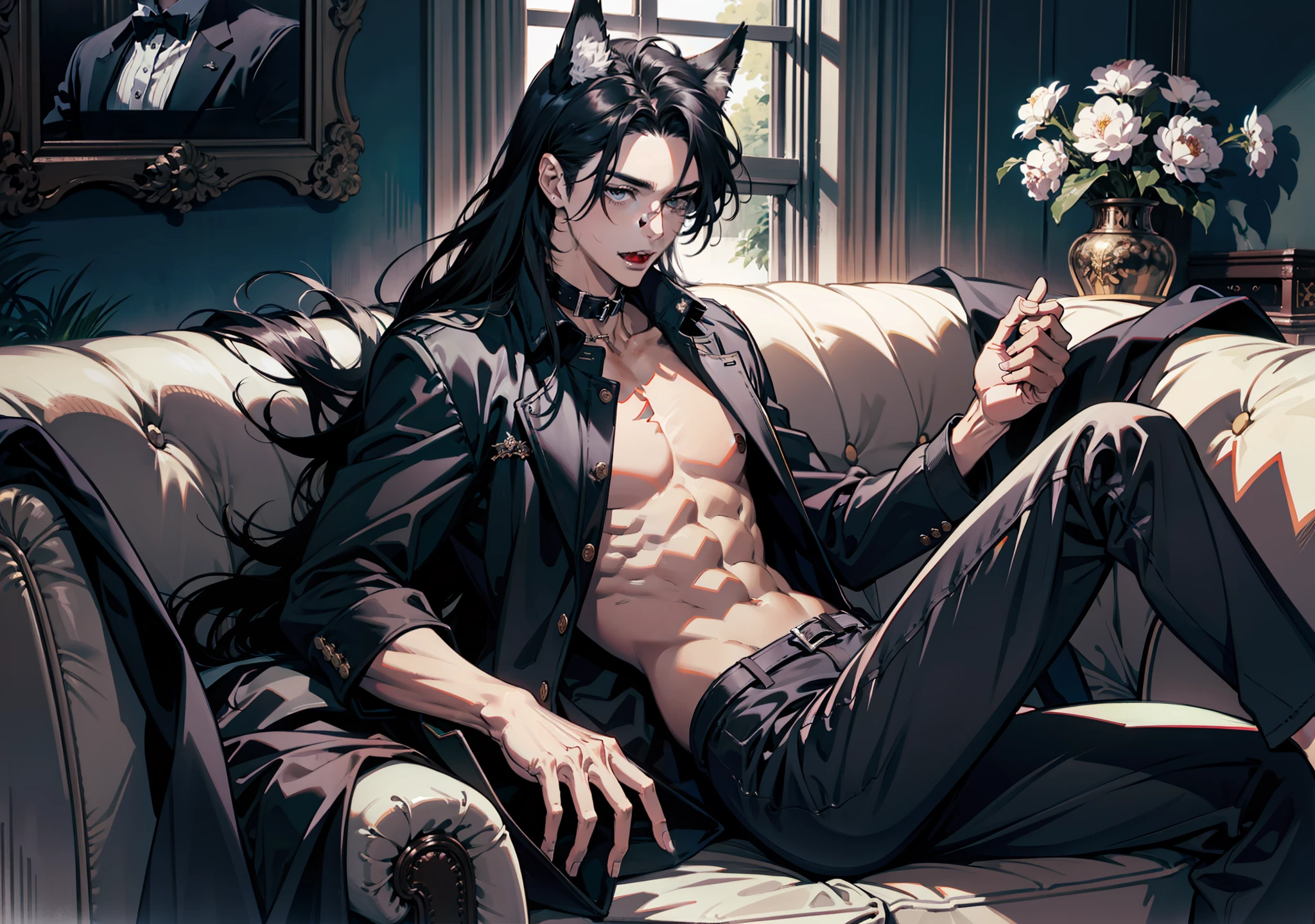 (absurdres, highres, ultra detailed), 1 male, adult, handsome, tall muscular guy, broad shoulders, finely detailed eyes and detailed face, black very long hair, gray eyes, handsome, fantasy, gothic, wolf ears, wolf tail, Sunlight, Fantastic light and shadow, Scenery, portrait, vampire fangs, open mouth, sexy, attractive, full body, tongle, no clothes, no shirt,, Dog Collar, bangs, cute face, sitting on the couch, black leather pants, no shirt