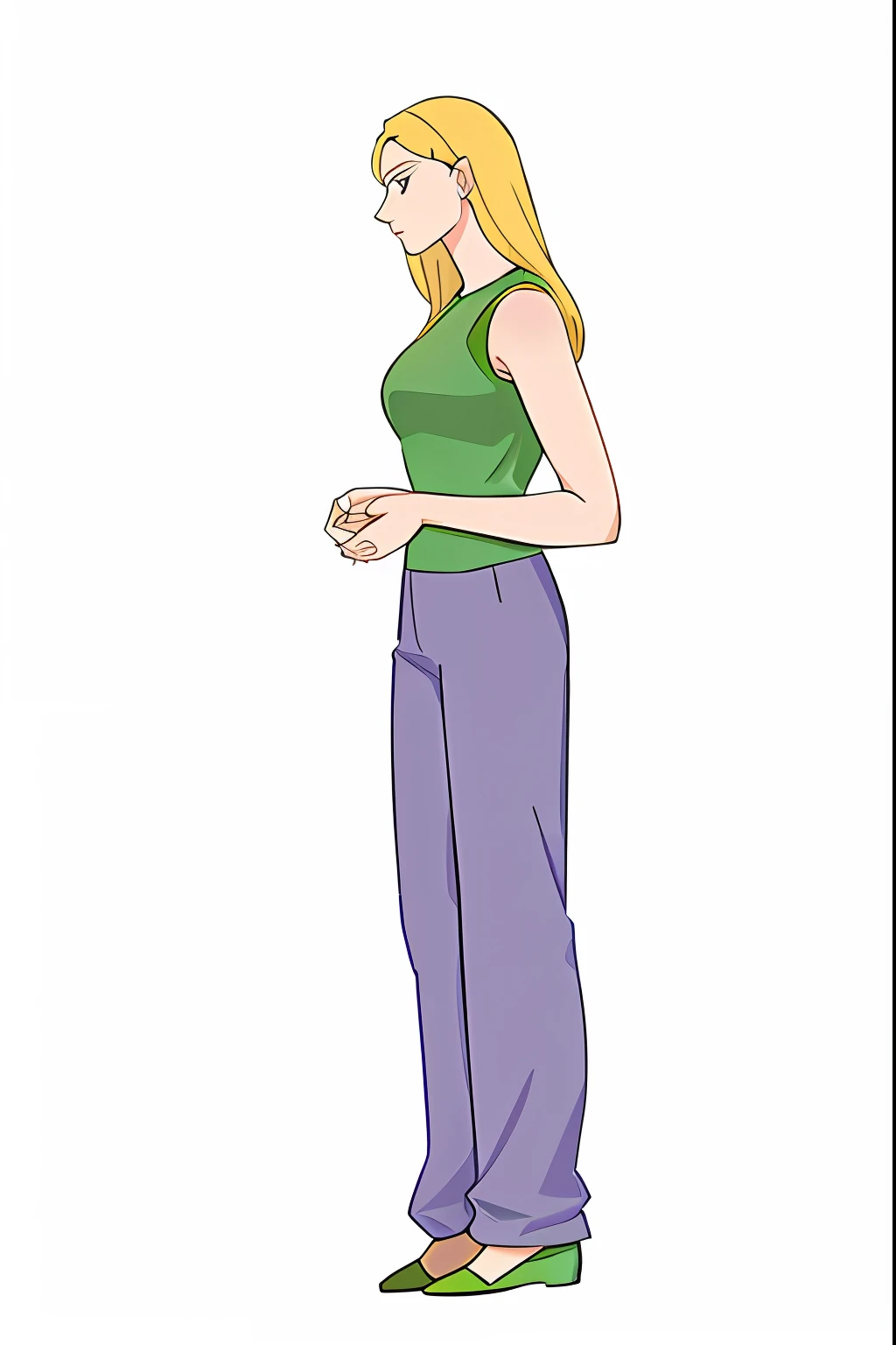 Cartoon style illustration of one of a woman in a green top and purple pants, full body profile pose, elegant standing pose, female figure profile pose, full body portrait clipart, digitally colored, illustration! in cartoon style, rotoscoped