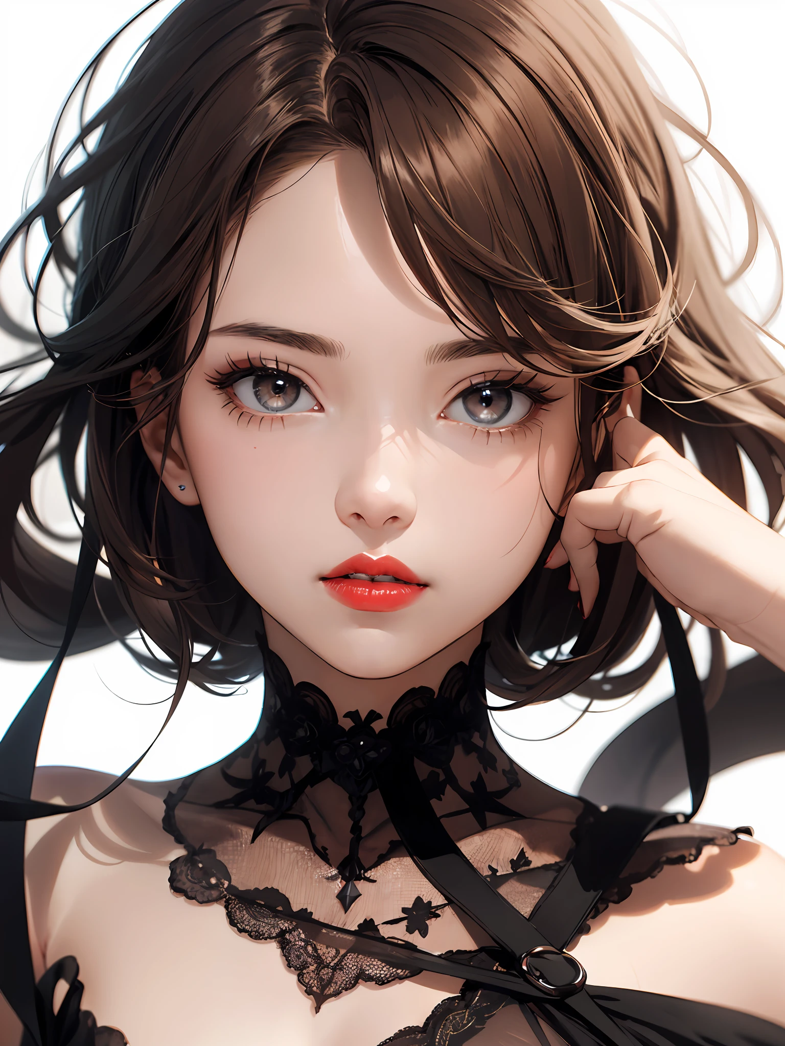 Absurd, high resolution, super detailed, (1 girl: 1.3), portrait shooting, pure white background, beautiful brown hair with soft transparency, cute big gray eyes with a little power, attractive mouth, makeup, striking red lips, dramatic lighting, a little provocative but staring at me with a very soft smile.
