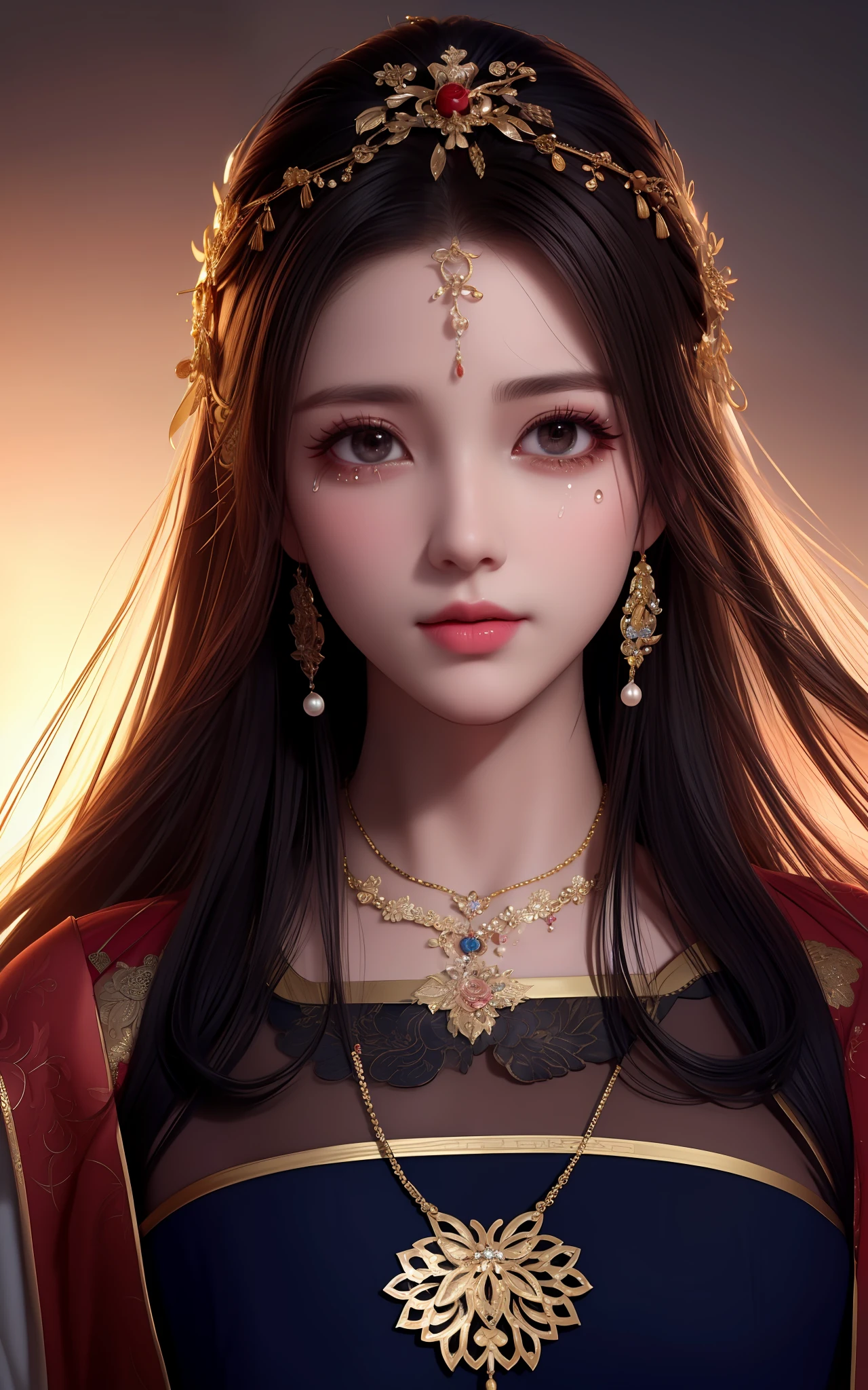Portrait of Figures, Ancient China, Oriental Women, Tang Style, Double Happiness Background, Wedding Room, Cave Room, Costume Bride, Red Wedding Dress, Red Han Dress, Phoenix Crown Xia Curtain, Hair Coiled, Full of Pearls, Flower Dan Between Eyebrows, Red Candle, Candlelight Illuminates the Room, Best Quality, Original, Very Detailed Masterpiece, Very Detailed CG, Delicate Face, Divinity, Masterpiece, Delicate Face, Smile, 4K Picture Quality, Girl, Hanfu, Black Hair, Bun, Hair Ornament, Jewelry, Exquisite Face, Red clothes, golden patterns, phoenix crown curtain, red wedding dress, newlyweds, festive, delicate skin, soft light effects, delicate and smooth hair, exquisite details, eye highlights, fair skin, fine portrayal, extreme details, cinematic picture quality, charming, thin, cute, slender, well-behaved, shy, black eyes, indoor, candlelight, romantic, warm, (crying: 1.5), (crying)))), (((tears))), tsurime, makeup, sad, depressed, sulking, sobbing, lonely, disappointed, crying, tearing up, tears, tears, tears, tears, Surrealism, ray tracing, UHD, high details, super detail, highres, 8k, high quality, high details, textured skin, ccurate, anatomically correct, best quality, highres, high quality, textured skin, high details, anatomically correct, super detail, anatomically correct, anatomically correct
