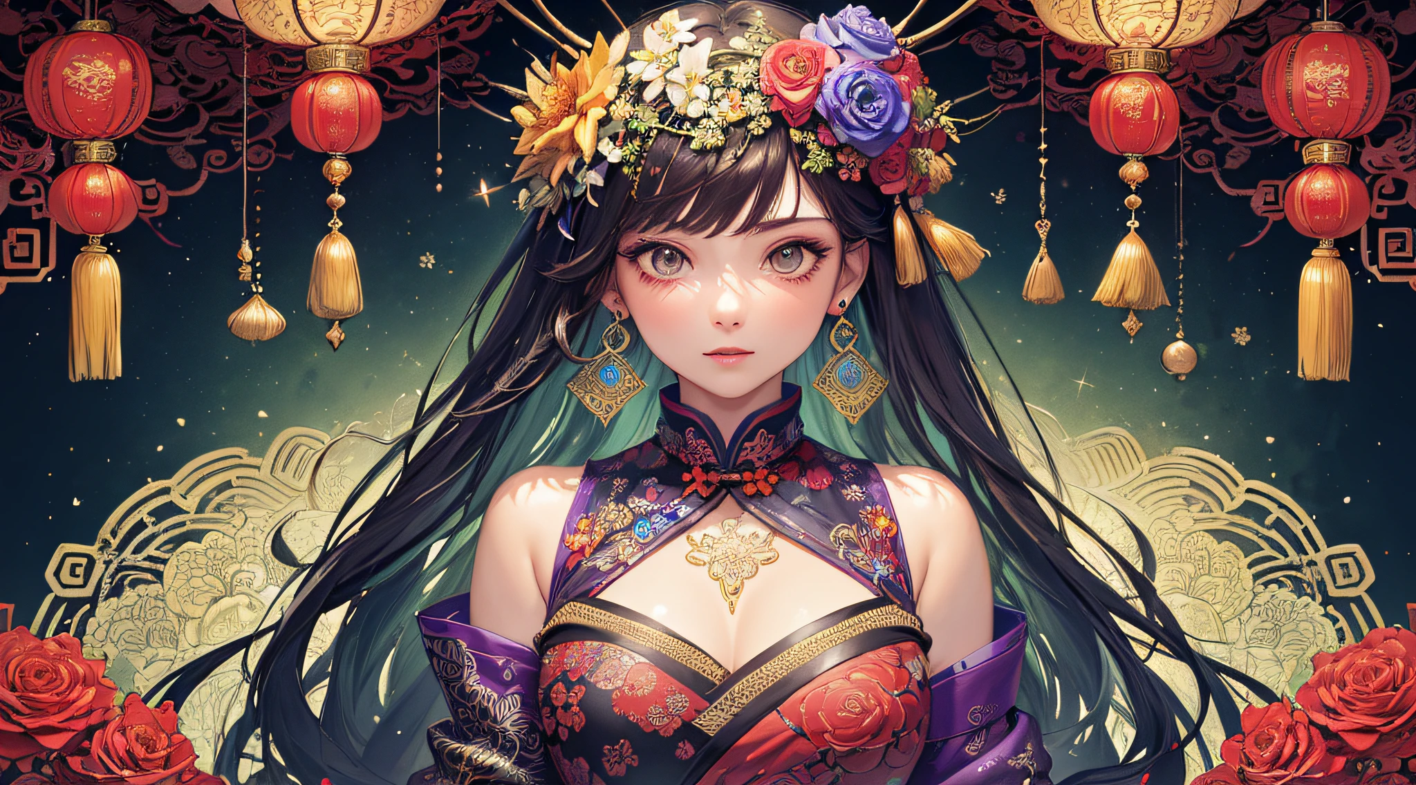 (masterpiece, top quality, best quality, official art, beautiful and aesthetic:1.2), (1girl:1.3), extremely detailed,(fractal art:1.1),(colorful:1.1)(flowers:1.3),highest detailed,(zentangle:1.2), (dynamic pose), (abstract background:1.3), (chinese Traditional cloth:1.2), (shiny skin), (many colors:1.4), ,(earrings:1.4),