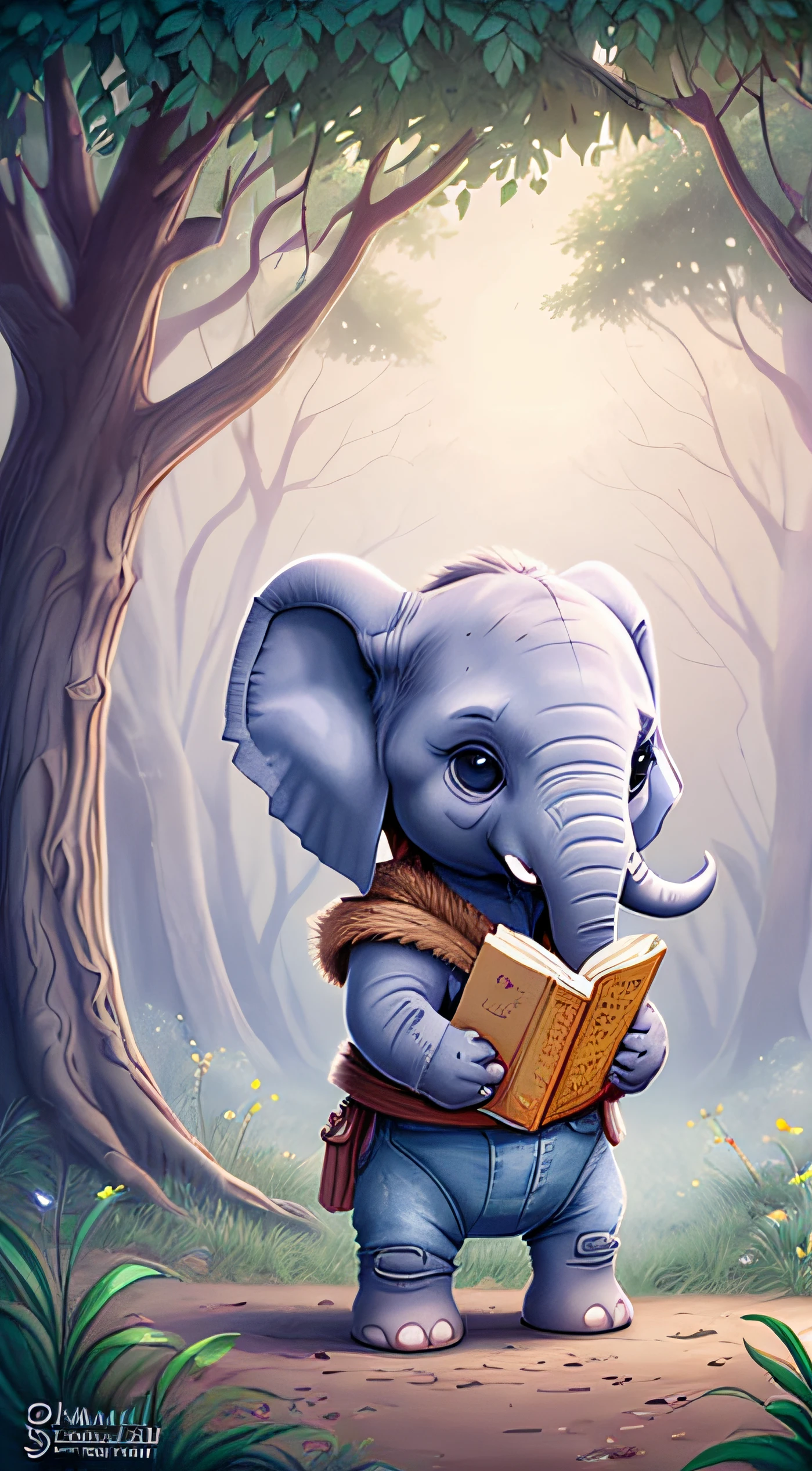 adorable little elephant, lives in an enchanted forest, happy, big cute shiny eyes, slightly bigger ears, gray skin, various poses and expressions, cartoon, 2d, cute, drawing, book cover, cute, beautiful, ???, book, lights, bright colors, quality, 4k, draw, animation --auto