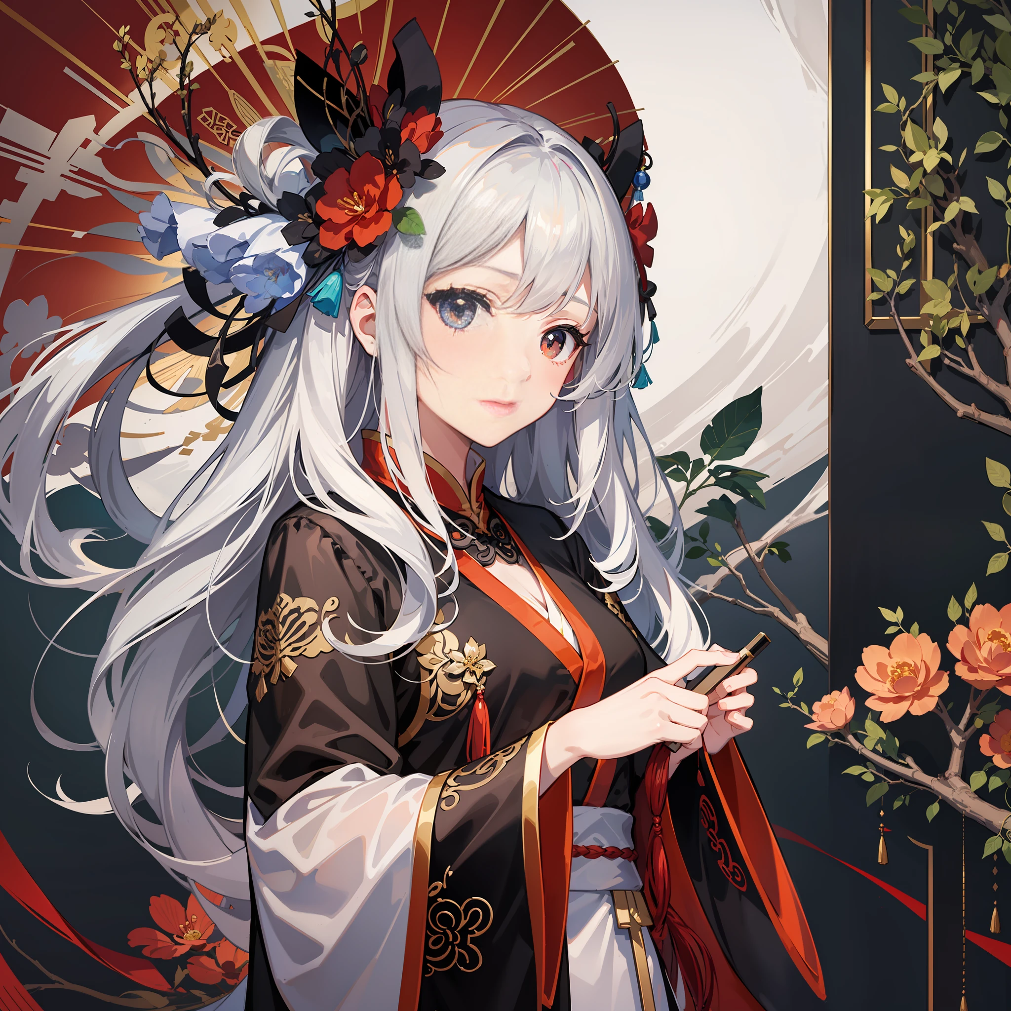 Two-dimensional, ancient style, girl, a person, in the black Chinese style Yin Cao Di Mansion, silver-white long hair, black Hanfu, holding a red paper umbrella, the scene with some flowers on the other side, full body portrait, exquisite face, best quality, masterpiece, 8K wallpaper, light and shadow rendering