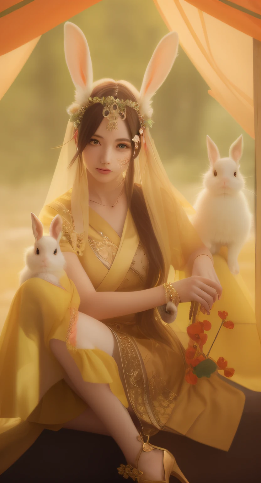 There is a woman in a yellow dress holding two rabbits, beautiful girl cosplay, real person, real texture, real skin, textured skin