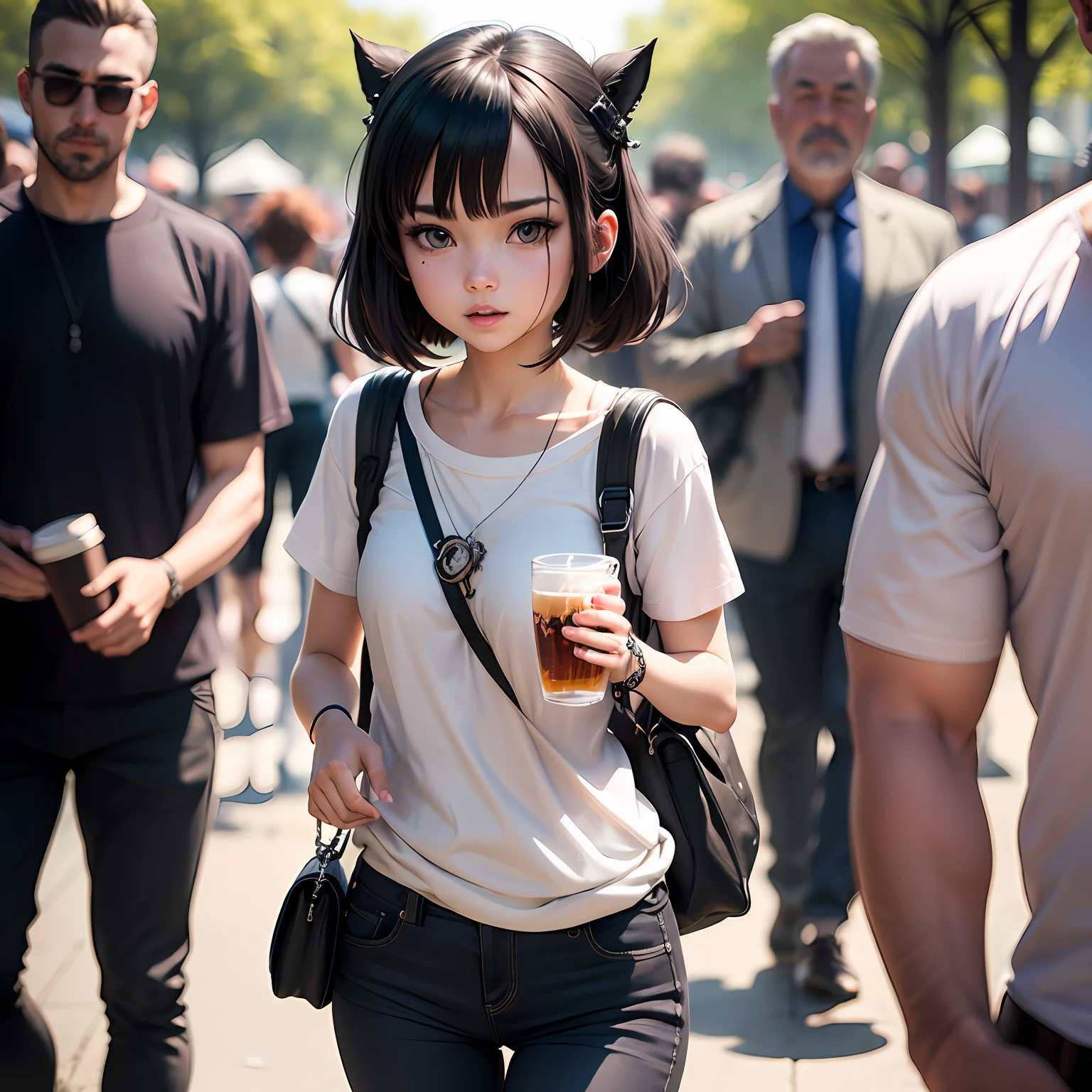 Girl strolling happily through the park under the eyes of several thirsty men, men look towards her with desire, not showing the men's faces, black studs hiding the identification of men's eyes, loli, gelbooru, anime image, danbooru style, ATFBooru style, inspired by the art of All The Fallen fans, derpibooru style