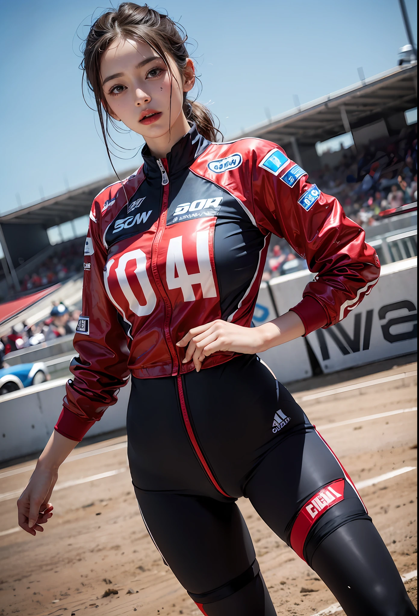 1girl, speedway, racing, racers, red and blue, racing suits, tights, sweat, good hands,