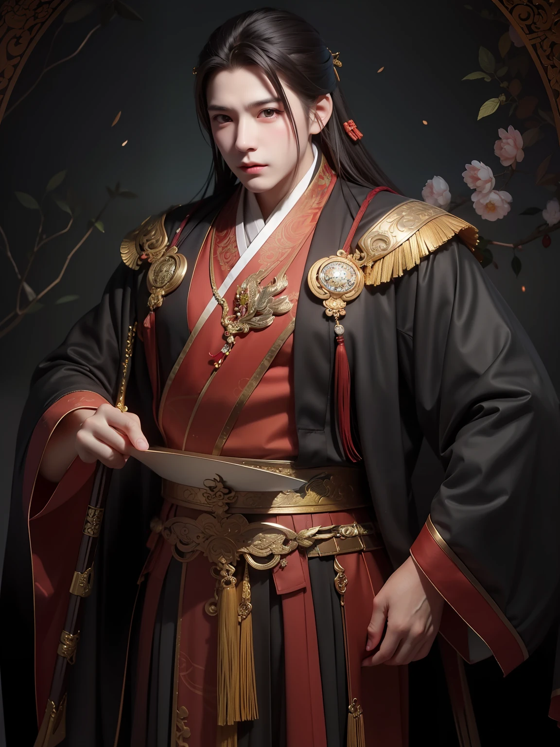 arafed image of a man in a red and black outfit holding a sword, by Yang J, inspired by Zhang Sengyao, beautiful character painting, inspired by Guan Daosheng, inspired by Dong Yuan, heise jinyao, inspired by Zhang Wo, inspired by Huang Gongwang, chengwei pan on artstation, inspired by Zhao Yuan