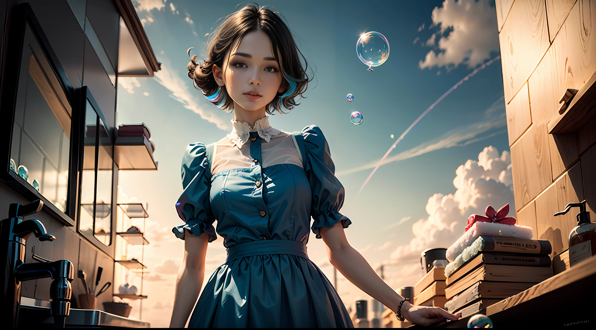 high quality, one standing woman, dress, clear hands, ((blue clouds and colorful soap bubbles))