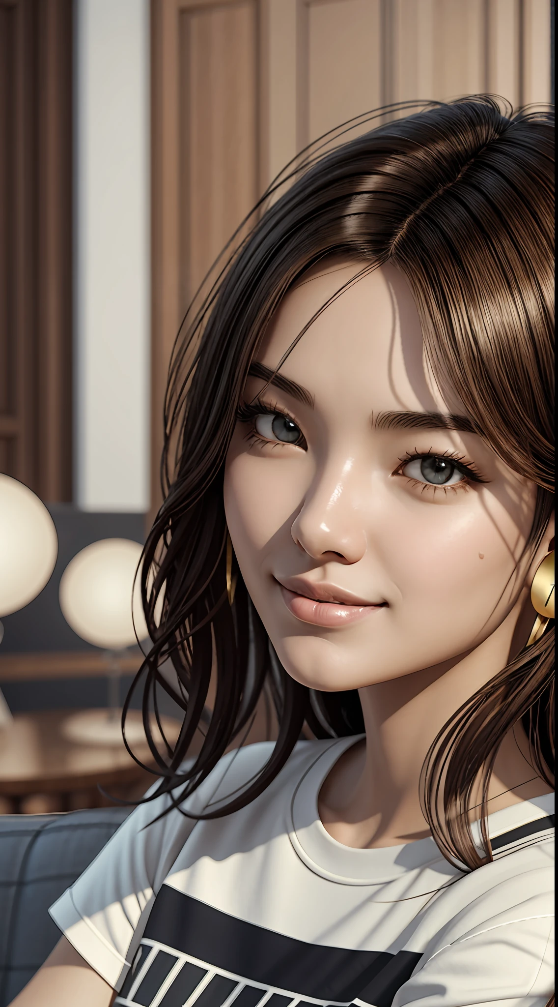 [25-year-old female],[face: round], [eyes: almond eye shape, brown color, thick and curved eyebrow shape], [Nose: Sticky shape, small hole], [Mouth: thick lip shape, Neat teeth], [Chin: Tyre chin shape, Sunken chin], [Hair: Long hairstyle, black color,], [Ears: Small ear shape], [skin: white skin color, Smooth skin texture], [Facial expression: smile], [Activity: Sitting on the sofa in the living room],
[Top clothes: T-shirt, brown color, plaid pattern, delicate texture, casual wear style, folded clothing design, well-maintained clothing condition]
Professional photograph of a stunning woman detailed, cinematic lightning, octane render, unreal engine, volumetrics dtx