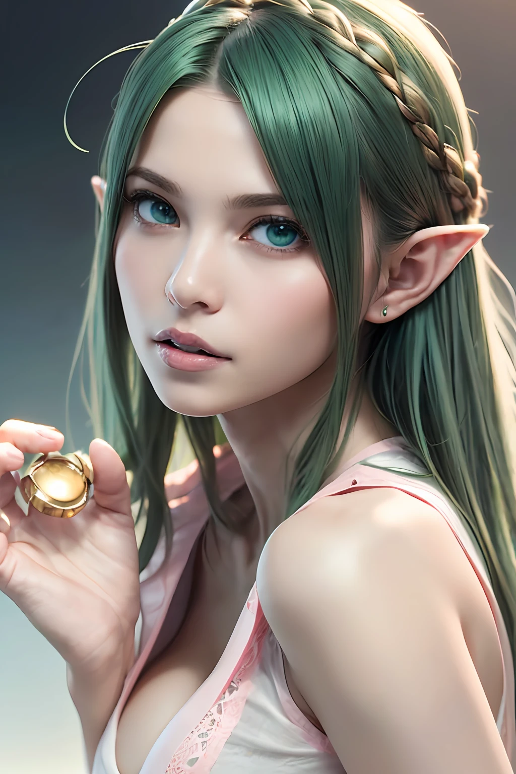 Super detailed complex 3D rendering of face, (big breasts: 8.8), (masterpiece, top quality, octane rendering,), glamour shots full body image, very beautiful young elf, cleavage, (very detailed skin: 1.2), (exposure: 1.1), cute woman getting naked. ((wearing a plummeting open shirt of white silk: 1.9, 40k, (((very soft breasts)), ((conspicuous large pink areola)). Beautiful Caucasian woman with black skin with full soft breasts and black skin of big ass, one, long braided hair, big breasts, dynamic angle, mystical expression, ultra-realistic photo, (((portrait)))), bare feet, futuristic city background, facial muscles, detailed and beautiful gold crown, in the style of Marvel Comics, ArtStation trends, clear focus, studio photography, intricate detail, highly detailed, detailed blue eyes, very detailed, sharp focus, digital rendering, professional, abs, dark grey background, (((green hair)), crotch, bare feet,