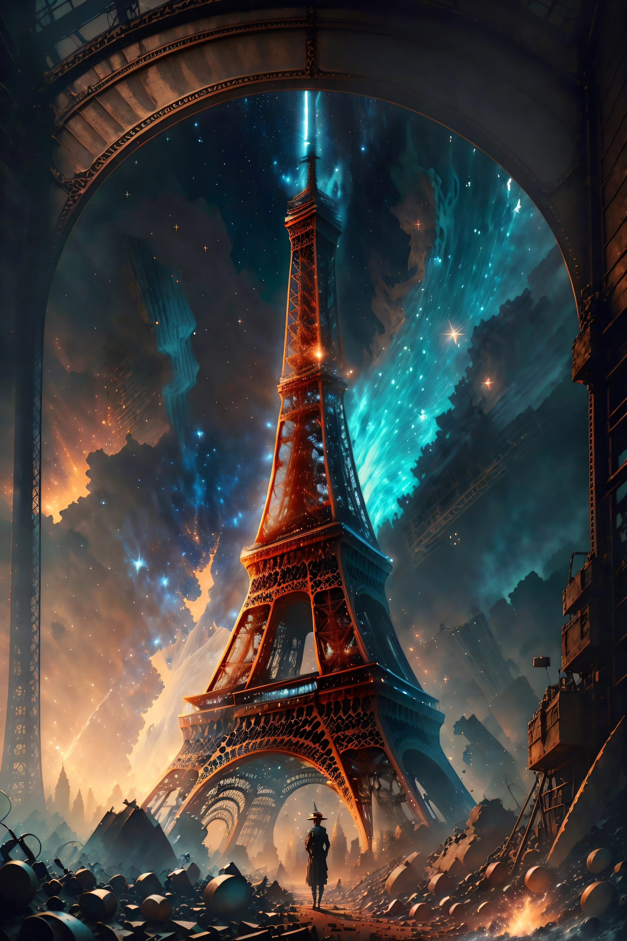 fantasy00d, (art by John French Sloan:0.7), (art by Frank Cho:0.7), (art by Charles Ginner:0.8), Color splash, ground level shot of a Shabby Welding machine, inside a 1920'S Eiffel Tower, Stars in the sky, FOV 90 degrees, Anime screencap, Surprising, waning light,