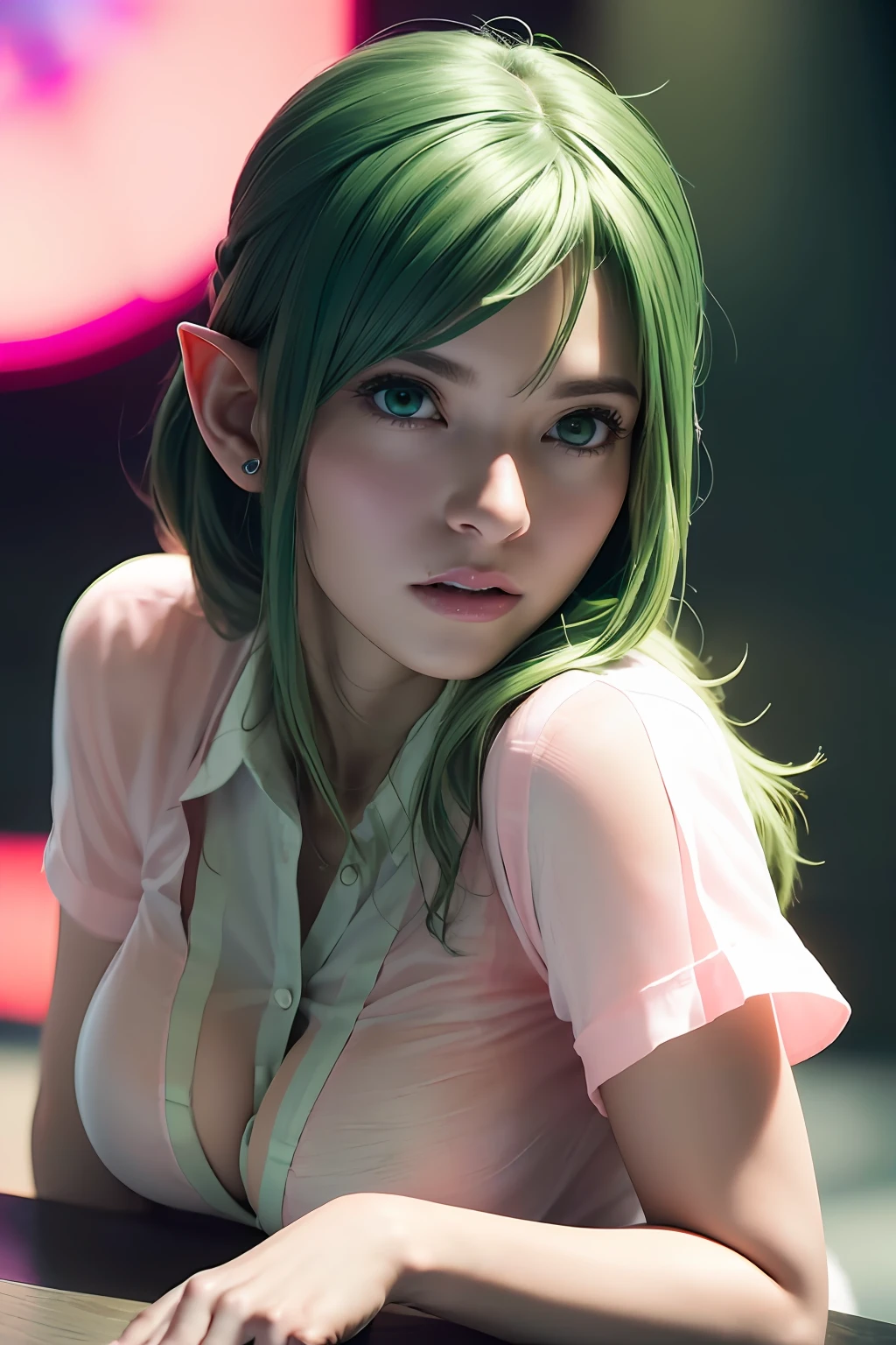 Super detailed complex 3D rendering of face, (big breasts: 8.8), (masterpiece, top quality, octane rendering,), glamour shots full body image, very beautiful young elf, cleavage, (very detailed skin: 1.2), (exposure: 1.1), cute woman getting naked. ((wearing a plummeting open shirt of white silk: 1.9, 40k, (((very soft breasts)), ((conspicuous large pink areola)). Beautiful Caucasian woman with black skin with full soft breasts and black skin of big ass, one, long braided hair, big breasts, dynamic angle, mystical expression, ultra-realistic photo, (((portrait)))), bare feet, futuristic city background, facial muscles, detailed and beautiful gold crown, in the style of Marvel Comics, ArtStation trends, clear focus, studio photography, intricate detail, highly detailed, detailed blue eyes, very detailed, sharp focus, digital rendering, professional, abs, dark grey background, (((green hair)), crotch, bare feet,