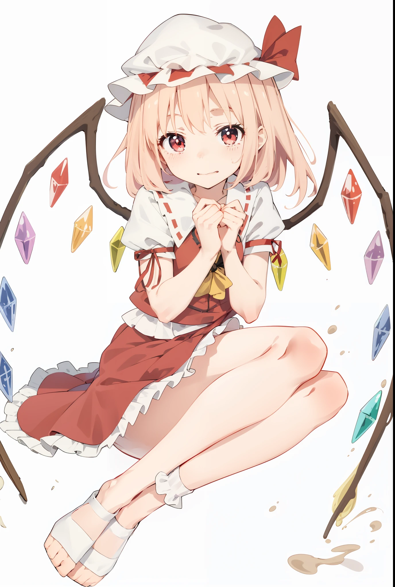 anime girl sitting on the ground with a red dress and a white hat, from touhou, touhou character, in dress, touhou, small lolil, loli, poit of magical girl, cute anime girl, splash art anime loli, cute a, rei hiroe, sakura kinomoto, small curvy loli, (anime gir