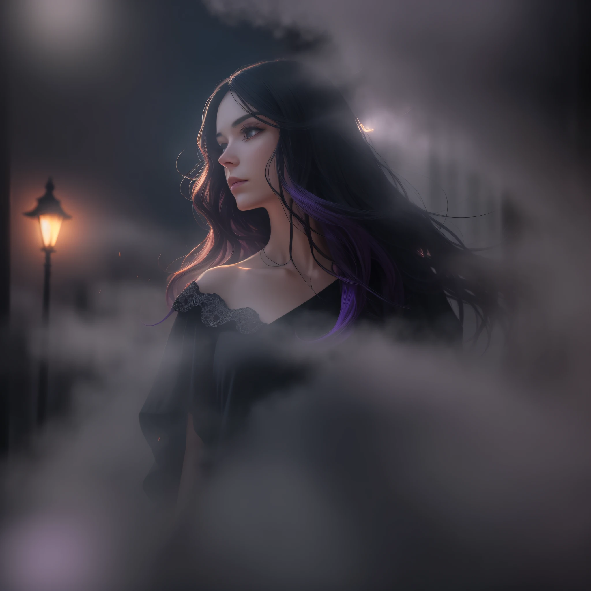 Woman walking head-on down a road at night, with fog and shadows, wavy and long black hair, hand hidden, high quality, ultra-detailed, 8k, masterpiece, (volumetric lighting), black magic, fanciful, lilac colors, purple, black and vivid shadows on the woman's return. --auto --s2