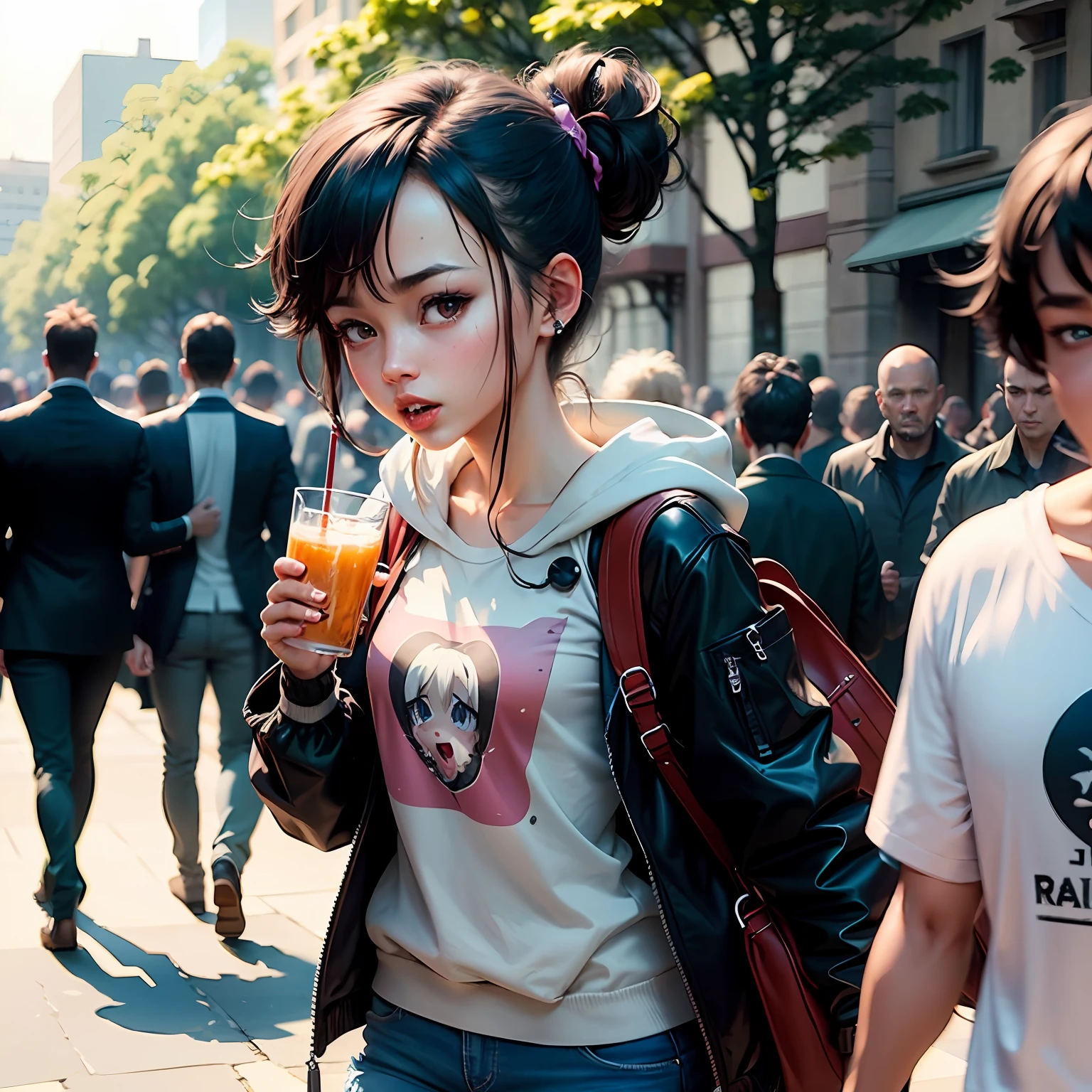 Girl strolling happily through the park under the eyes of several thirsty men, men look towards her with desire, not showing the men's faces, black studs hiding the identification of men's eyes, , gelbooru, anime image, danbooru style, ATFBooru style, inspired by the art of All The Fallen fans, derpibooru style --auto
