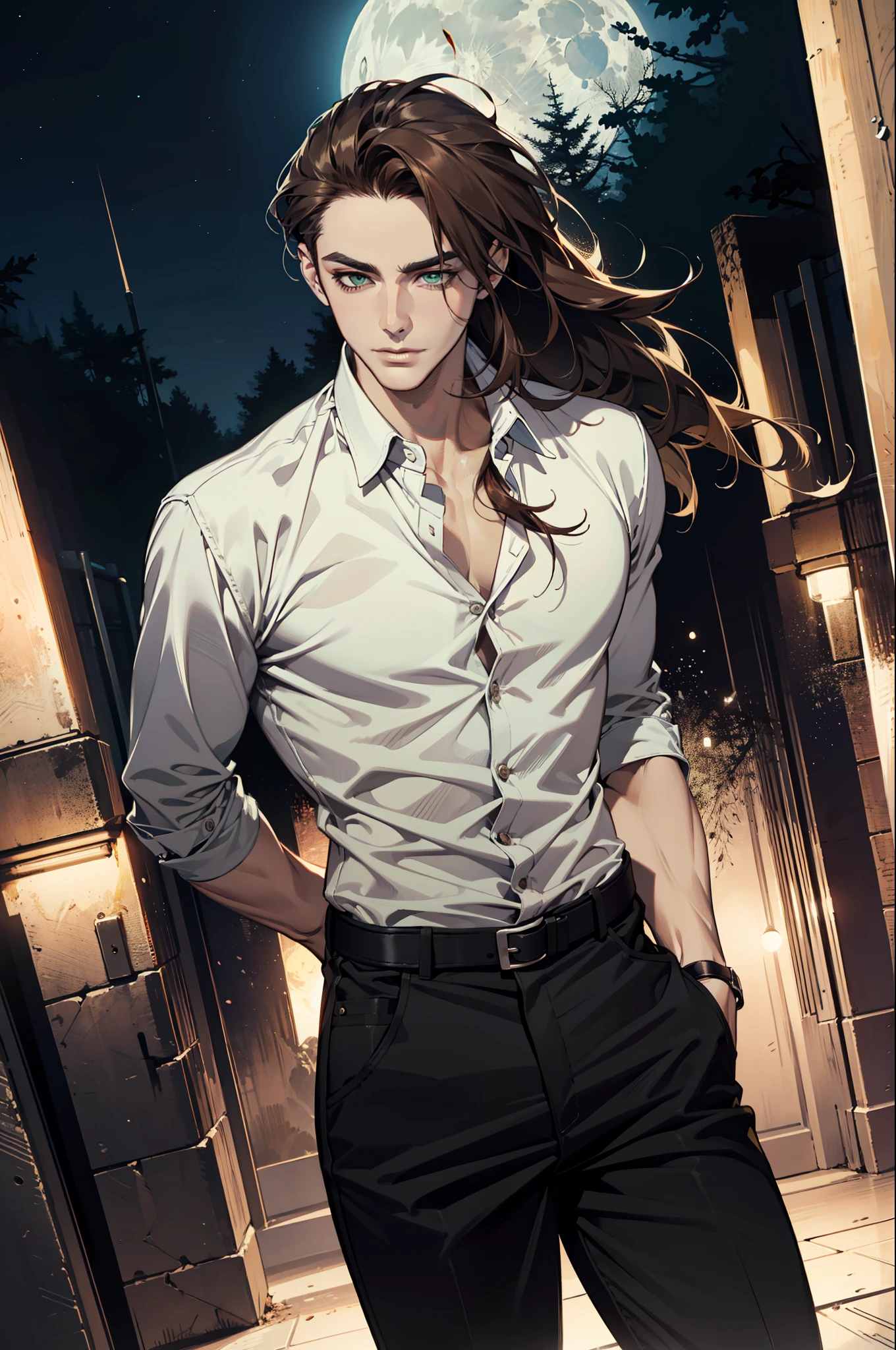 (absurdres, highres, ultra detailed), 1man, 30 years old man, adult man, handsome, tall,, finely detailed eyes and detailed face, black leather pants, white shirt, night, smile, dutch angle, ((long hair, brown hair)), moon, forest, bad boy, gothic, dark, looking at the view, pale skin, green detailed eyes, eyeliner, (masculine), sexy, smirk, seductive, slightly muscular, very attractive, flirtatious, mature, ((adult mature face)), medium large shoot, (MLS), conceited, egocentric