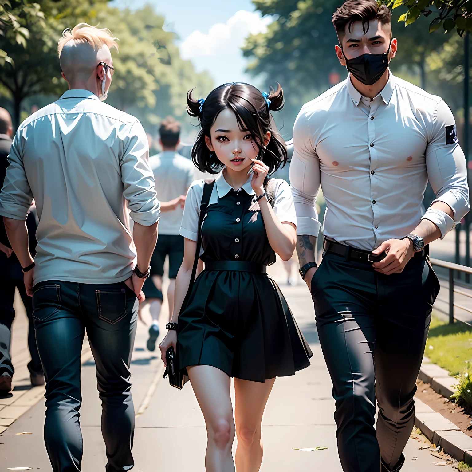 Girl strolling happily through the park under the eyes of several thirsty men, men look towards her with desire, not showing the men's faces, black studs hiding the identification of men's eyes, , gelbooru, anime image, danbooru style, ATFBooru style, inspired by the art of All The Fallen fans, derpibooru style --auto