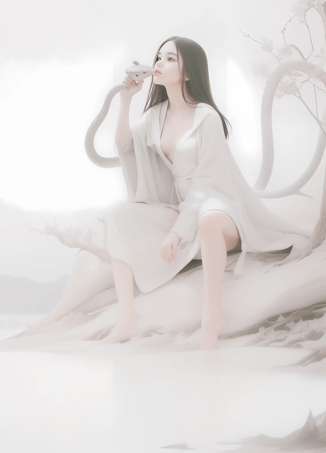 A beautiful woman with a poisonous snake in her hand, sitting on the edge of the green lake, with snakes on dead trees, white skulls, pointed peaks, layers of strange mountains, clouds and mist, bright and natural, cold colors. Photographic effect, best quality, masterpiece, super high resolution, (realistic:1.4), original photo, 1girl, ((black lace dressing gown)), ((small breast)), cold light