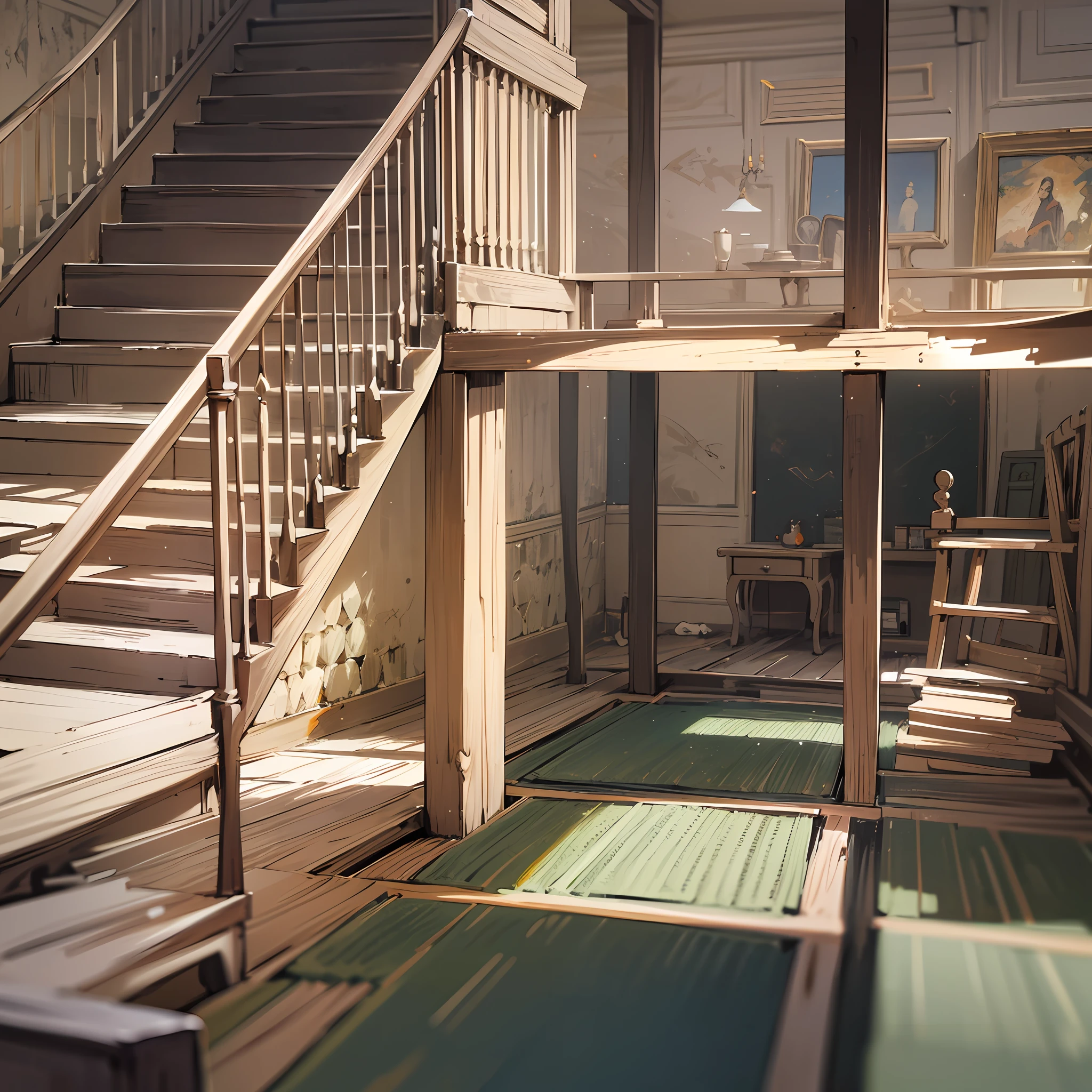 Computer visualized graphics, realistic fentezi, Extensive landscape ultra photography (general view, which shows the stone steps in the basement, in the house, descending to a small stone platform, Broken wooden railings, At the bottom is a small stone bowl), blurred background, grim, yellow, orange, purple background, pink, warm, magic, “Hyper-realistic textures," “Precise details," “Realistic still life," “Realistic portraits," “Realistic landscapes." --auto --s2
