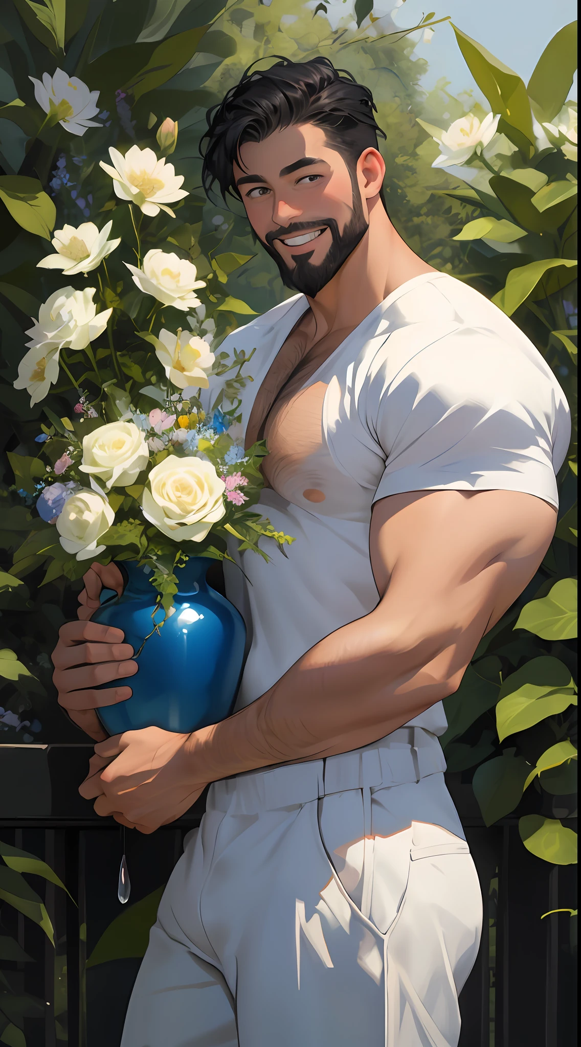 Impressionism still-live painting, bara, a black short hair muscular naked man holding a silver vase with colorful flowers, chest hair, short black hair, black eyes, smiling, beard, huge bulge