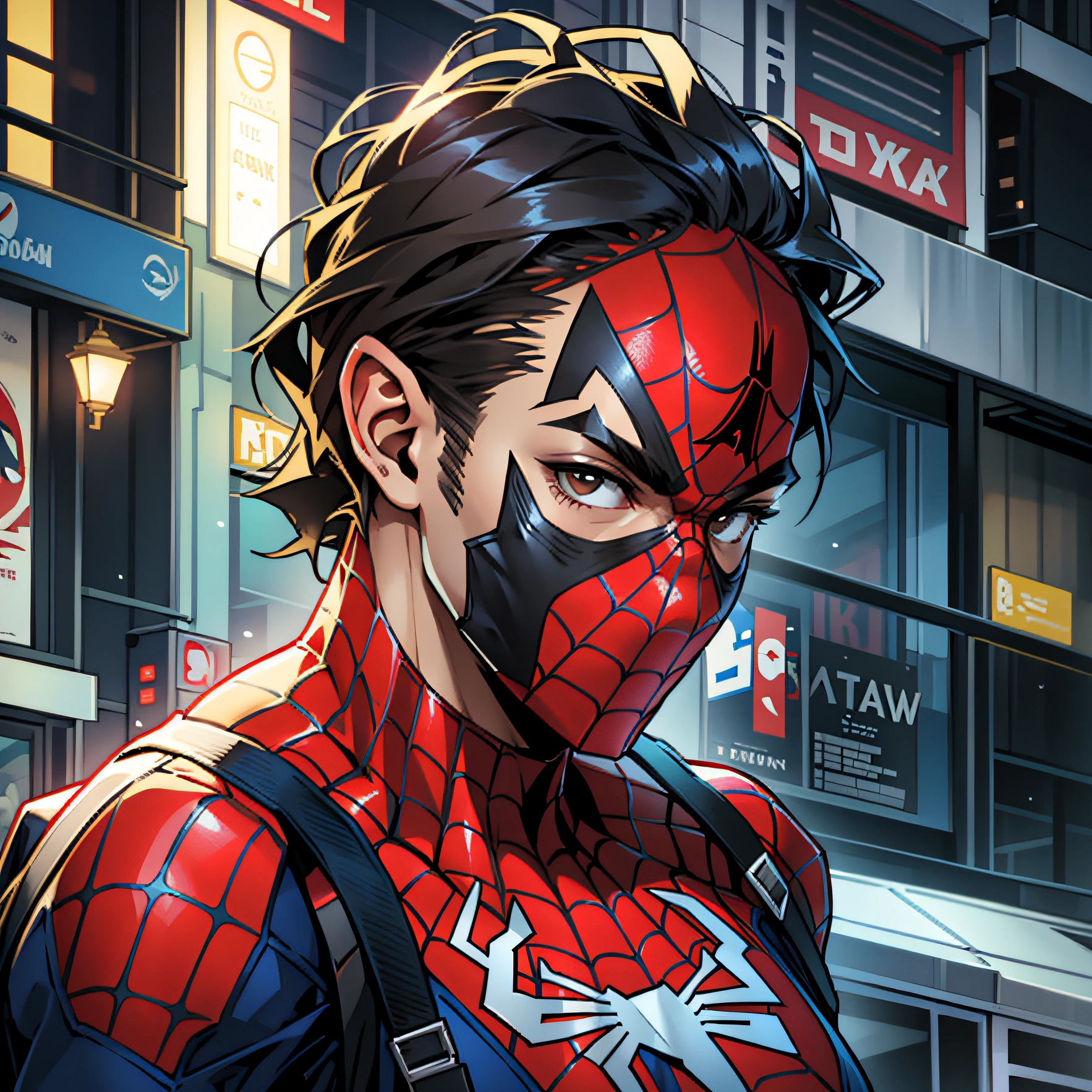 boy, , short black hair, brown eyes, white Spider-Man suit with hood, portrait, Spider-Man Into The Spider-Verse, like Spider-Man Into The Spider-Verse, smiling, cartoon style, light skin tone --auto