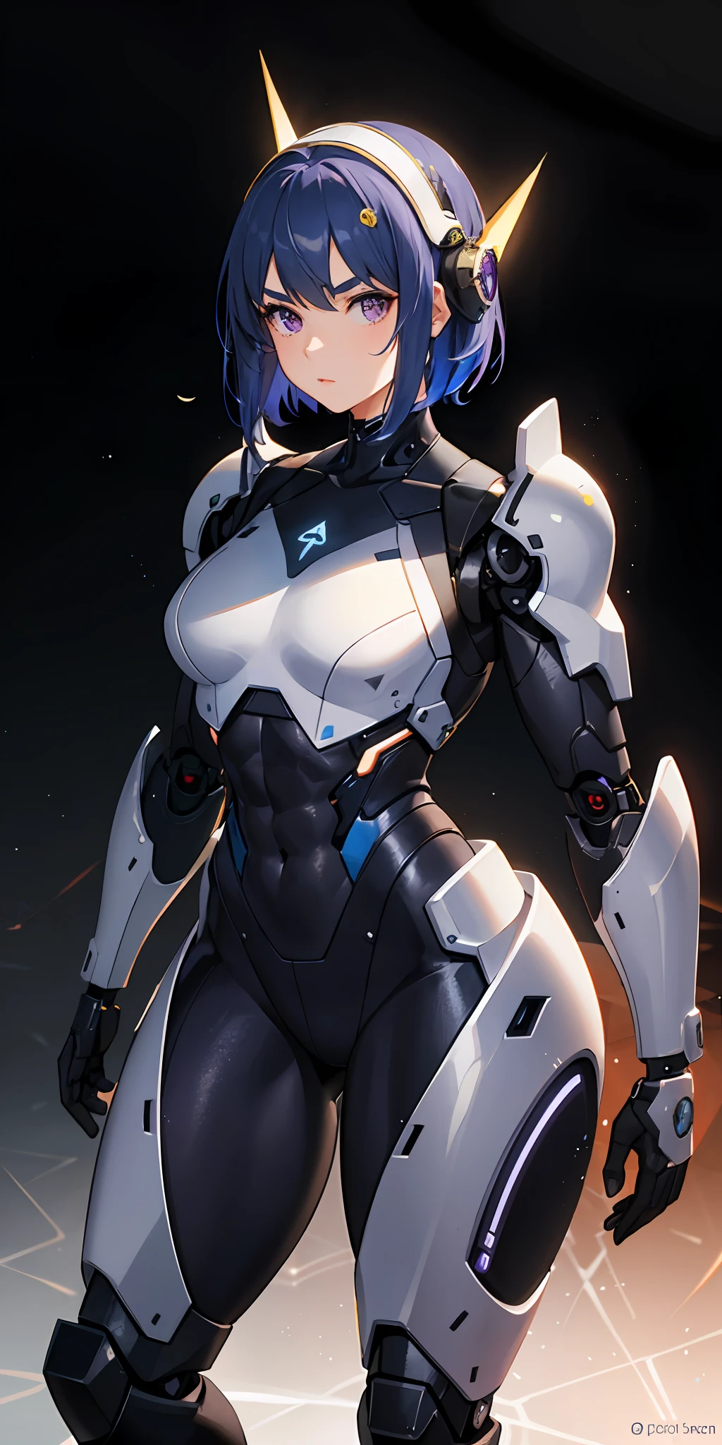 1girl,purple eyes, mask on head, side lighting, light particles, wallpaper, Cyborg, Girl, Android Girl, Muscular, Brown Skin, Blue Hair, Short Hair, Thick Eyebrows, Thick Thighs, Female Muscles, English Punch, Backpack, Gray Armor with Blue Details, Detail-oriented