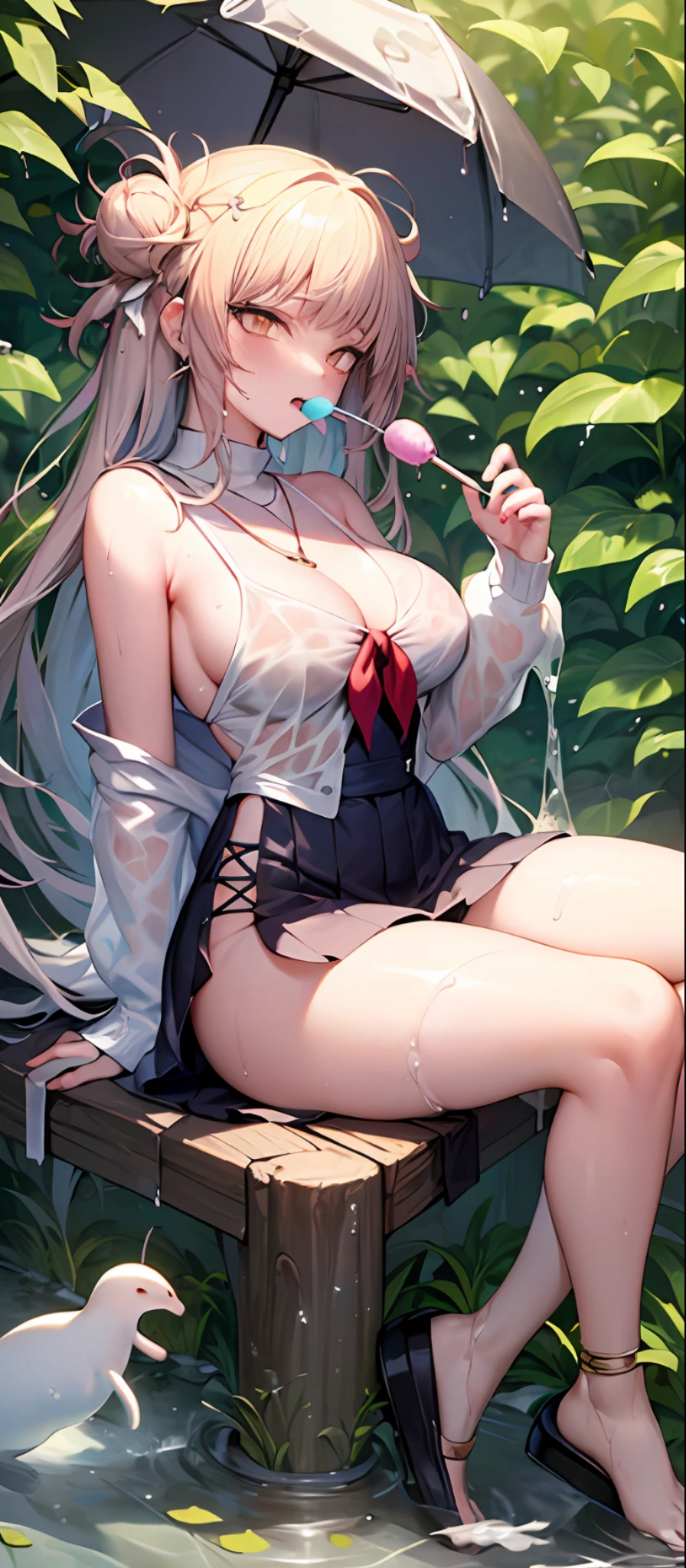 (((Best Quality))), (((Masterpiece)), (Ultra Detail: 1.3), (High Resolution), Amazing, Intricate, Illustration, (Art Germ: 1.2), ((Very Detailed Wallpapers 4k CG Unity))), Official Art, Original, Strong Angle, Sunlight, (High Contrast: 1.2), (Colorful), Film Lighting, (Very Detailed and Beautiful: 1.33), ((Young Petite Female Model)), (Cute: 1.33), Seated, ( Diamond: 1.3|Eyes]:1.2), large round eyes, V-shaped_eyebrows, long white eyelashes, (), ([Opal: 1.9|gradient_hair:1.3]:1.2), (hair drops: 1.25), (detailed ultra-oily luster skin: 1.2), (skin dents: 1.2), ([wet: 0.8|mucus]), armpits, (detailed hands and fingers: 0.9), simple clothes, no back, (pleats: 1.2), cross_necklace, (white lavender [school backless low-cut shirt: 0.3] : 1.3), (medium breasts: 1.15), (inner chest incision: 1.2), (groin incision), no panties, (sketch: 0.8), 2D anime girl sitting on a giant toadstool surrounded by huge mushrooms and colorful butterflies, no shoes, (wet) clothes, (wet) thighs, with a curious and adventurous expression on her face, explores this strange and wonderful garden. (blush), her hair is braided, the color of marshmallows, decorated with a pair of oversized bows. She holds a lollipop in one hand and a butterfly in the other. The atmosphere is whimsical and playful, and it is clear that she is in her element, enjoying moments in the garden of fantasy. Ghost\ (Ark Night), red_eyes 1 girl, bangs, bare_shoulders, breasts, clouds, detached_sleeves, hair_between_eyes, long_hair, looking_at_viewer, medium_breasts, red_eyes, silver_hair, solo, very_long_hair, white_headwear (NSFW: 1.0) (wet_clothes:1.3)(very_large_breasts:1.4) (female body fluids), vapors, (flushing, sound_effects, twitching, trembling, trembling, breast bouncing, messy hair, steaming_body:1.1) (face: 1.2) (NSFW: 1.0) plug, medium breasts, (looking at the audience: 1.2) (say heart, say blush: 1.2), juice: 1.3), (feminine liquid, steam, (blush, sound_effects, twitch, shake, tremble, bounce breasts, messy hair, s