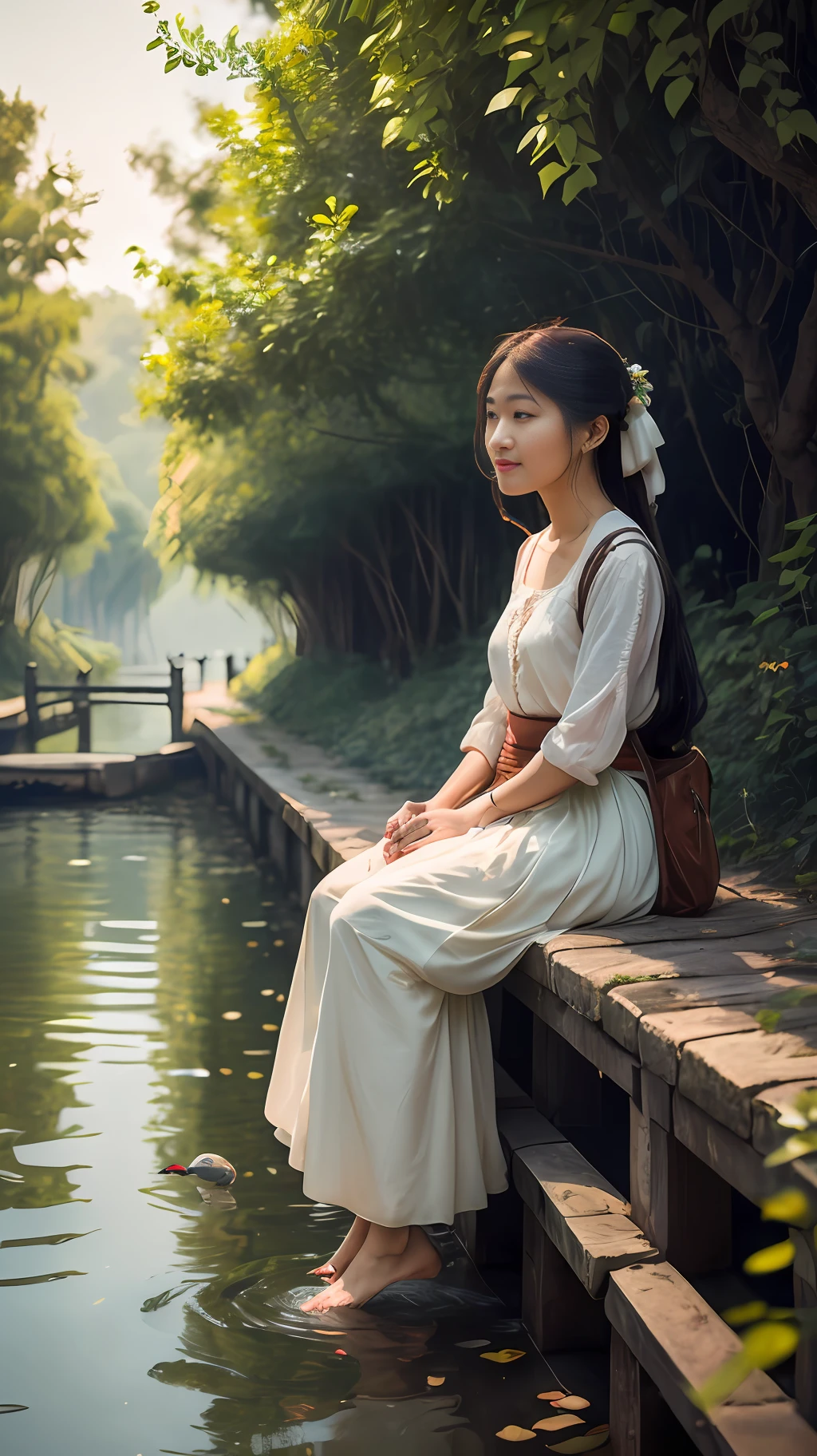 At dusk, green trees, willows flying, surrounded by blue water, small bridges and flowing water, antique color, floral fragrance, warm as jade, birds singing and flowers, water village painting, leisurely, real photography, 16k resolution, a beautiful woman, wearing a white skirt, with a delicate face --auto