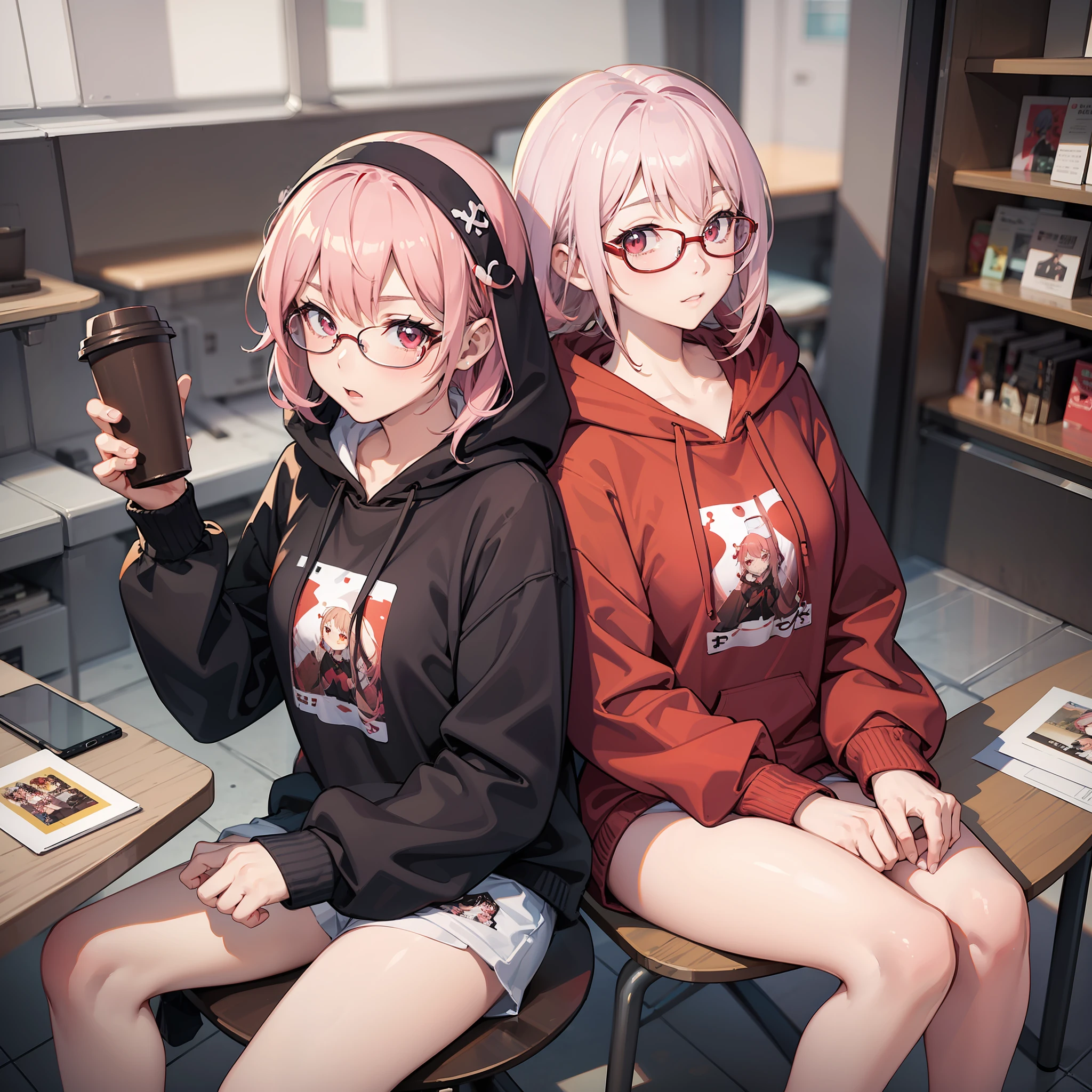 Anime characters in red hoodies sitting at a table with a cup of coffee Anime style realistic 3d anime style 8k anime, anime style 3d, realistic anime art style, in hoodies, wearing red hoodies, in anime style, light pink haired girl wearing hoodie, in anime style, anime realism style, being a steamer girl , cute , wearing pink glasses , red eyes , 1girl , long hair , medium breasts , off-white skin