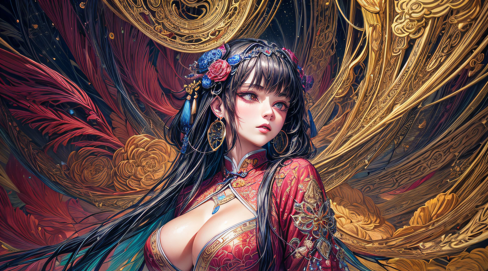 (masterpiece, top quality, best quality, official art, beautiful and aesthetic:1.2), (1girl:1.3), extremely detailed,(fractal art:1.1),(colorful:1.1)(flowers:1.3),highest detailed,(zentangle:1.2), (dynamic pose), (abstract background:1.3), (chinese Traditional cloth:1.2), (shiny skin), (many colors:1.4), ,(earrings:1.4), (half body:1.5)