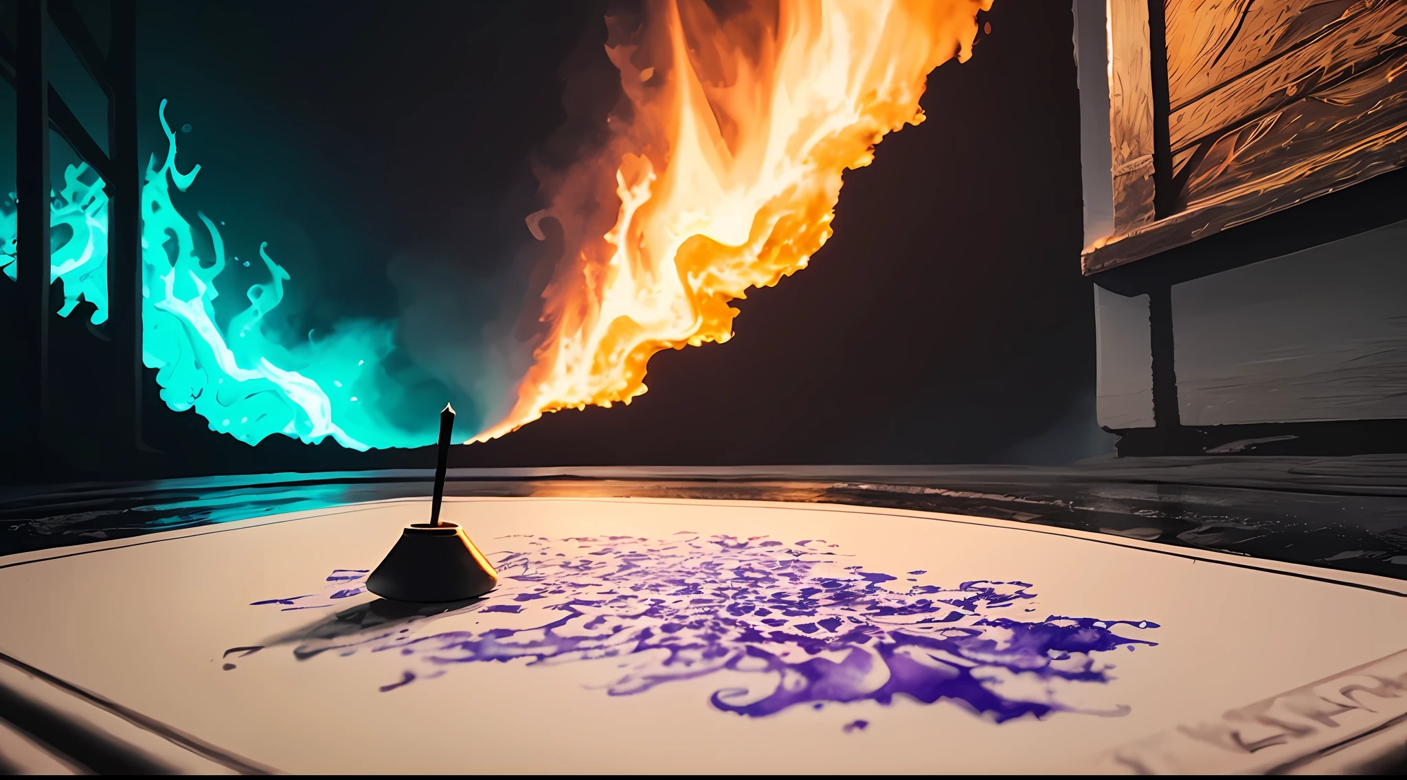 Extremely tense anime fire: human, drinking coffee in a building on fire in the background, superb playing card borders, random color art, oil painting, blue-yellow, light purple and purple additions, light red additions, intricate details, splash screen, 8k resolution, masterpiece, artstation digital painting smooth black ink flow: 8k resolution realistic masterpiece: intricate fluid gouache: Jean Baptiste Mongue: calligraphy: acrylic: watercolor art, professional photography, Natural daylight, volumetric lighting minimalist photography illustration: Marton Bobzert: complex, elegant, vast, dreamy, vibrant