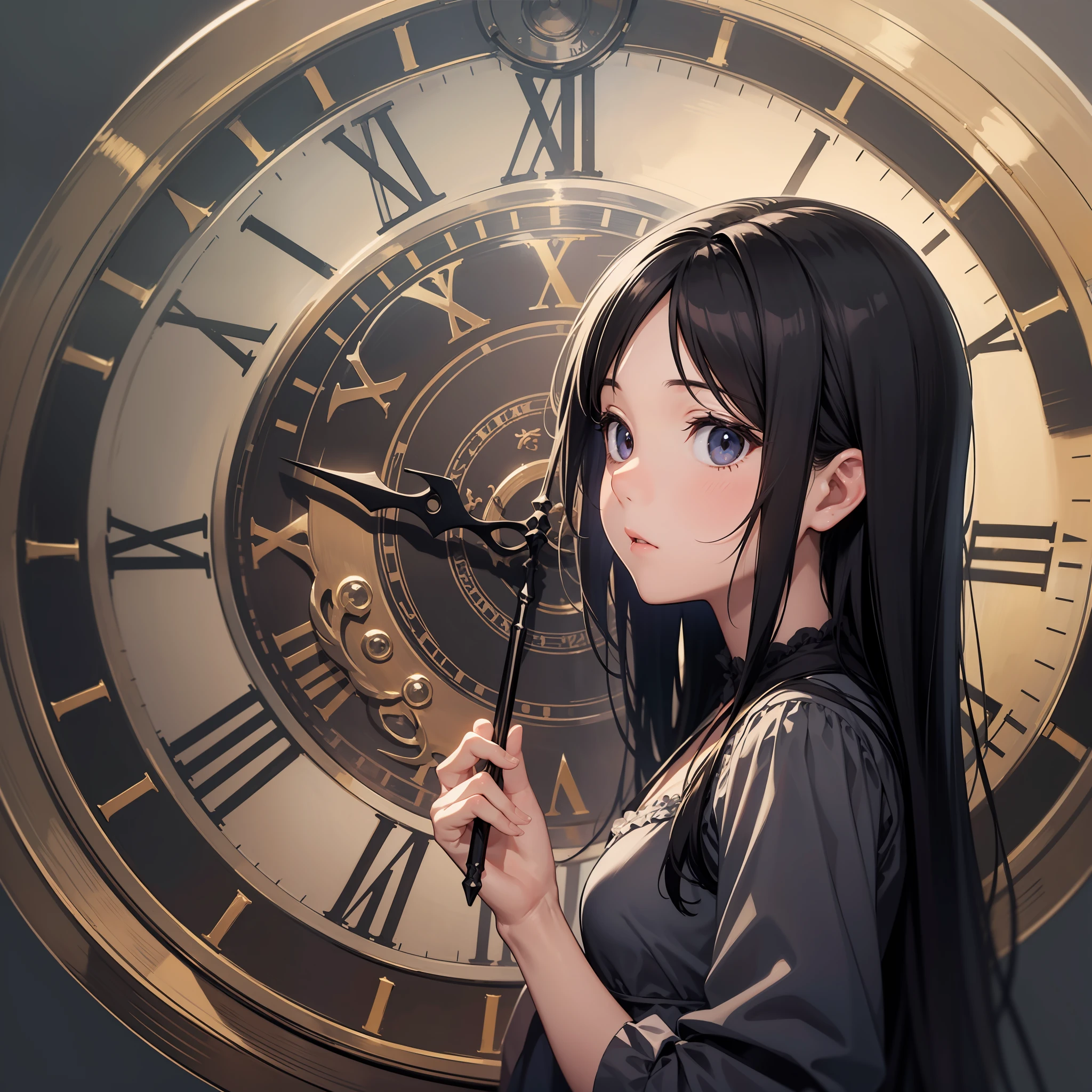 Best Quality Original Character, Volume Lighting, Long Black Hair, Summer Dress, Background Painting Ghibli style, staring at a huge clock