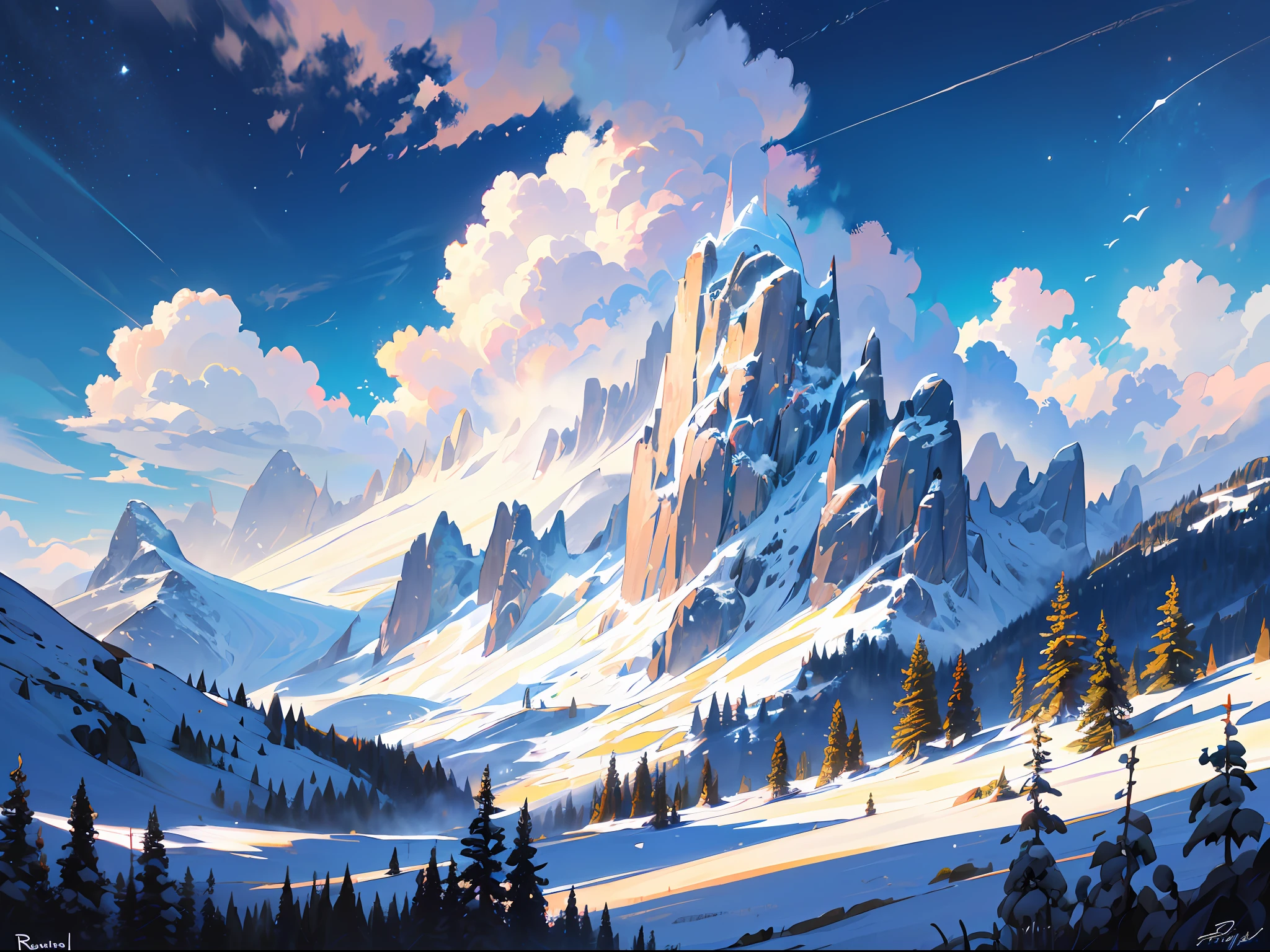 ((best quality)), ((masterpiece)), (ultra-detailed), (illustration), (detailed light), (extremely delicate and beautiful), ((trim)), incredibly_absurdres, (ray tracing), (signature), (English text: 1.5), (beautiful sky)), (landscape), (mountain), (cloud), (nature), (grass), (fog), (flower), (river), ((Solo: 1.8)), (1 Girl: 1.8), (A Beautiful Girl), ((Full Body Shot)), ((Standing)), (Back Face), (+Perfect Hands+: 1.21), ((((White Coat))), ((Beautiful White Dress + White Knee Boots)), (((Belt)), ((White Hat)), (White Scarf), (Leg Ring), ((Long white_hair)), (Signature), (English text: 1.5), ((Beautiful sky)), (Landscape), (Mountain)), (Cloud), ((Nature)), (Grass), (Fog)), (Pine), (Flower), (River), People Shot,