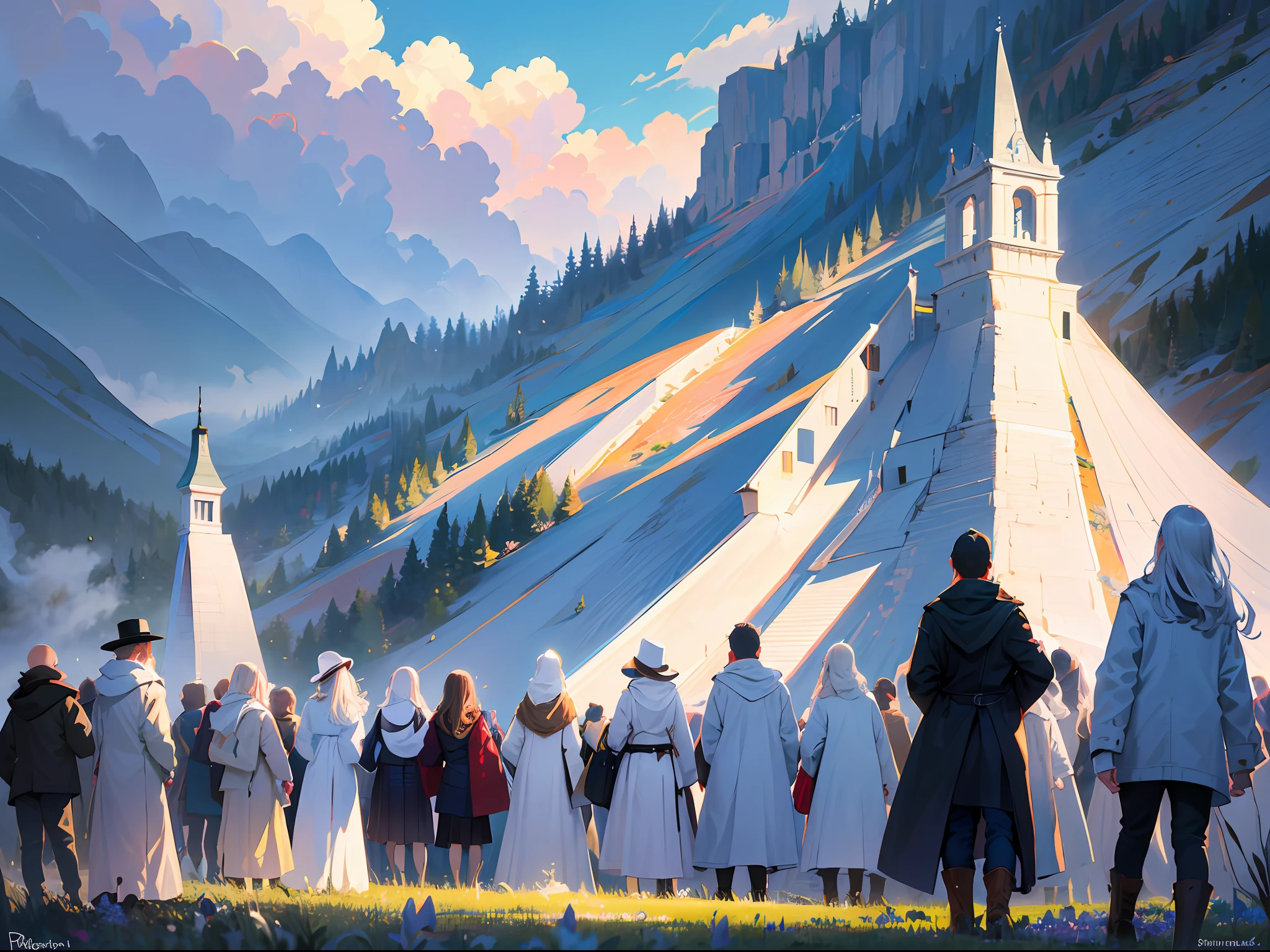 ((best quality)), ((masterpiece)), (ultra-detailed), (illustration), (detailed light), (extremely delicate and beautiful), ((trim)), incredibly_absurdres, (ray tracing), (signature), (English text: 1.5), (beautiful sky)), (landscape), (mountain), (cloud), (nature), (grass), (fog), (flower), (river), ((Solo: 1.8)), (1 Girl: 1.8), (A Beautiful Girl), ((Full Body Shot)), ((Standing)), (Back Face), (+Perfect Hands+: 1.21), ((((White Coat))), ((Beautiful White Dress + White Knee Boots)), (((Belt)), ((White Hat)), (White Scarf), (Leg Ring), ((Long white_hair)), (Signature), (English text: 1.5), ((Beautiful sky)), (Landscape), (Mountain)), (Cloud), ((Nature)), (Grass), (Fog)), (Pine), (Flower), (River), People Shot,