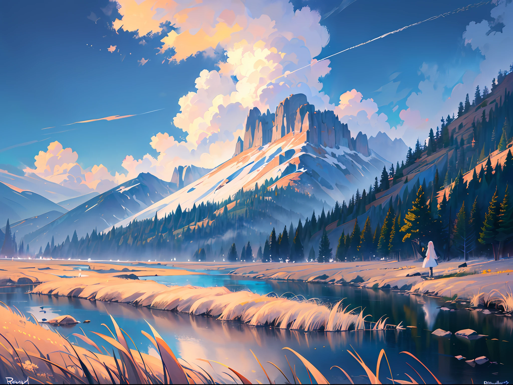 ((best quality)), ((masterpiece)), (ultra-detailed), (illustration), (detailed light), (extremely delicate and beautiful), ((trim)), incredibly_absurdres, (ray tracing), (signature), (English text: 1.5), (beautiful sky)), (landscape), (mountain), (cloud), (nature), (grass), (fog), (flower), (river), ((Solo: 1.8)), (1 Girl: 1.8), (A Beautiful Girl), ((Full Body Shot)), ((Standing)), (Back Face), (+Perfect Hands+: 1.21), ((((White Coat))), ((Beautiful White Dress + White Knee Boots)), (((Belt)), ((White Hat)), (White Scarf), (Leg Ring), ((Long white_hair)), (Signature), (English text: 1.5), ((Beautiful sky)), (Landscape), (Mountain)), (Cloud), ((Nature)), (Grass), (Fog)), (Pine), (Flower), (River), People Shot,