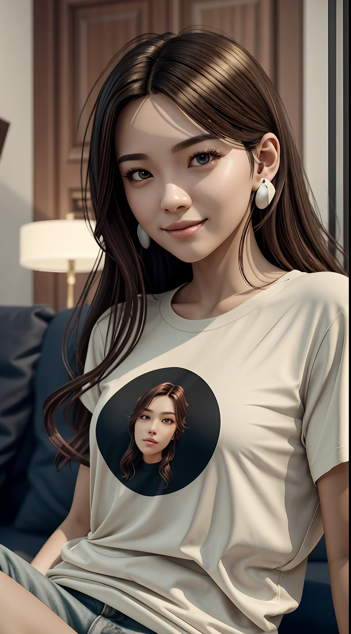 [25-year-old female],[face: round], [eyes: almond eye shape, brown color, thick and curved eyebrow shape], [Nose: Sticky shape, small hole], [Mouth: thick lip shape, Neat teeth], [Chin: Tyre chin shape, Sunken chin], [Hair: Long hairstyle, black color,], [Ears: Small ear shape], [skin: white skin color, Smooth skin texture], [Facial expression: smile], [Activity: Sitting on the sofa in the living room],
[Top clothes: T-shirt, brown color, plaid pattern, delicate texture, casual wear style, folded clothing design, well-maintained clothing condition]
Professional photograph of a stunning woman detailed, cinematic lightning, octane render, unreal engine, volumetrics dtx