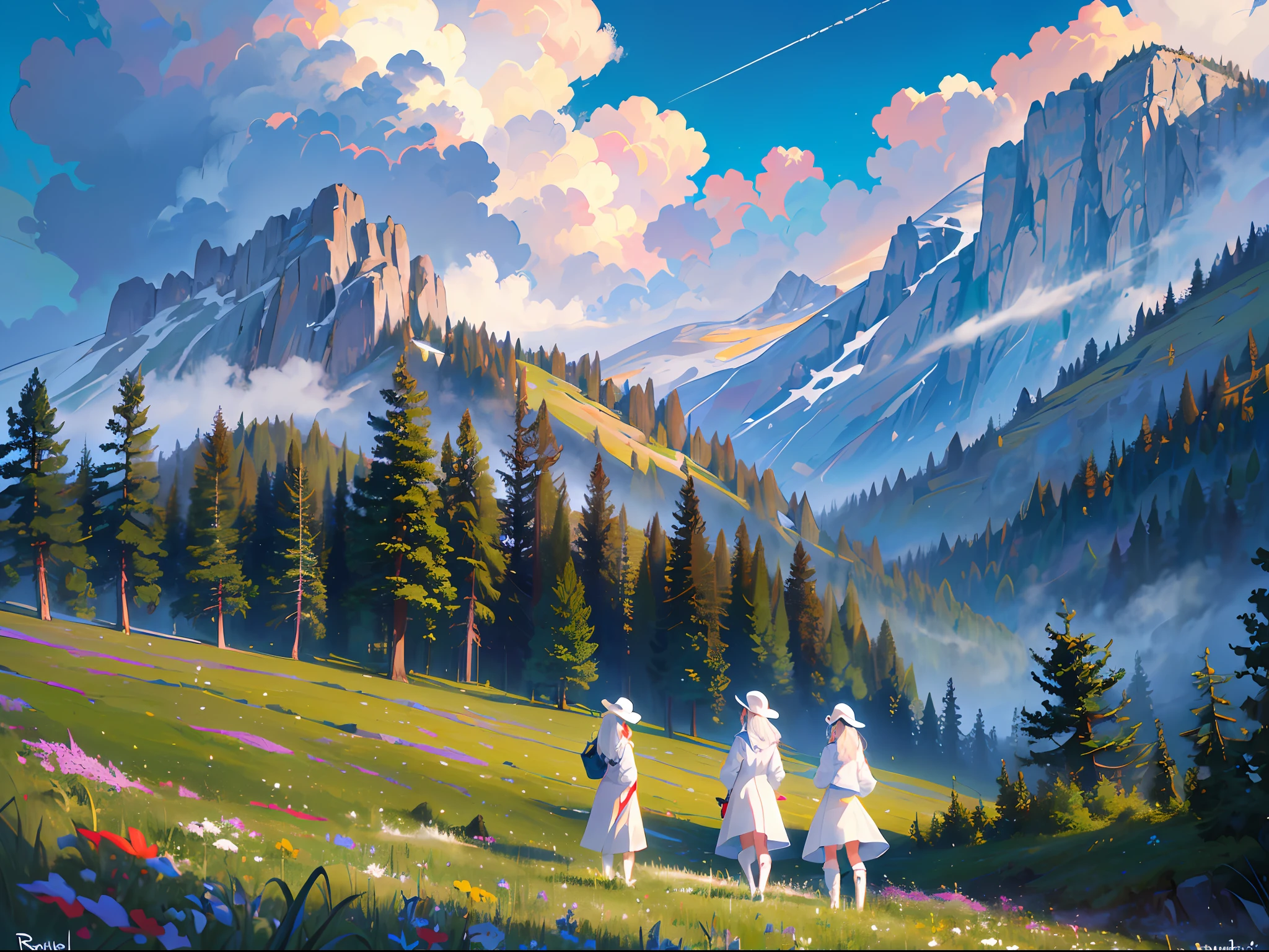 ((best quality)), ((masterpiece)), (ultra-detailed), (illustration), (detailed light), (extremely delicate and beautiful), ((trim)), incredibly_absurdres, (ray tracing), (signature), (English text: 1.5), (beautiful sky)), (landscape), (mountain), (cloud), (nature), (grass), (fog), (flower), (river), ((Solo: 1.8)), (1 Girl: 1.8), (A Beautiful Girl), ((Full Body Shot)), ((Standing)), (Back Face), (+Perfect Hands+: 1.21), ((((White Coat))), ((Beautiful White Dress + White Knee Boots)), (((Belt)), ((White Hat)), (White Scarf), (Leg Ring), ((Long white_hair)), (Signature), (English text: 1.5), ((Beautiful sky)), (Landscape), (Mountain)), (Cloud), ((Nature)), (Grass), (Fog)), (Pine), (Flower), (River), People Shot,