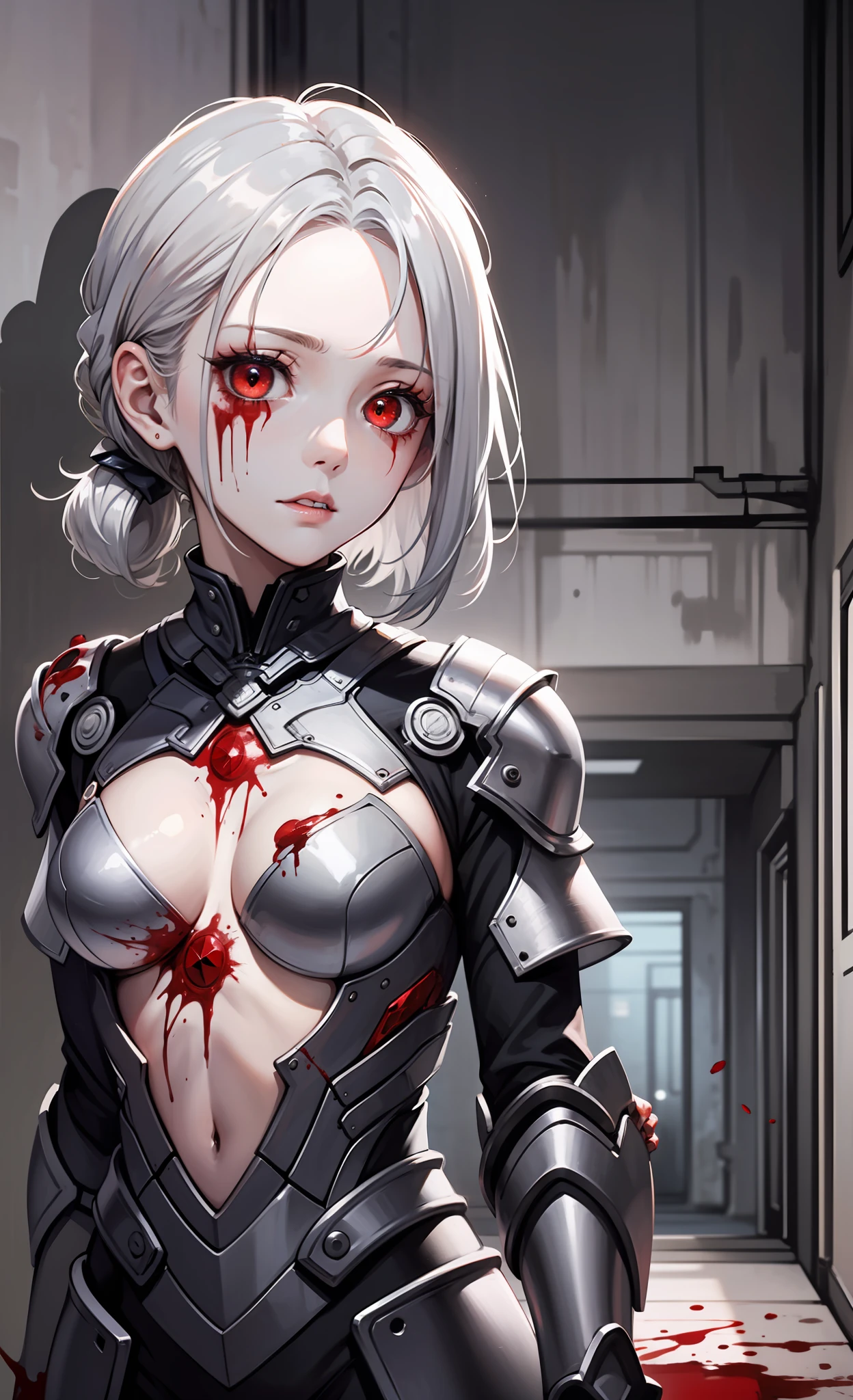 (Masterpiece), (wearing biofusion armor), (stump severed arm), upper body poster, super detailed facial expressions, ultra-clear face, such as crystal version of beautiful eyes, holding a pistol, behind the slain monster, best quality, 1 girl, pale skin, silver hair, tied up hair, red eyes, glowing eyes, creepy, blood on face, blood on clothes, walking, falling, hanging arm, loose arm, mental hospital, corridor, darkness, lighting, creepy, scary, twinkling lights, blood, horror, dim light,