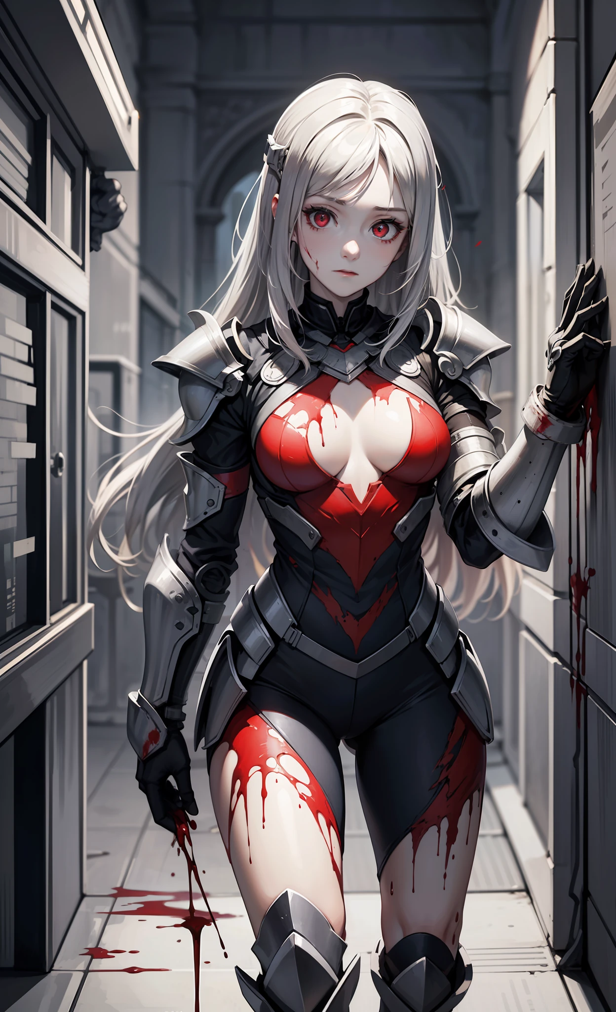 (Masterpiece), (wearing biofusion armor), (stump severed arm), upper body poster, super detailed facial expressions, ultra-clear face, such as crystal version of beautiful eyes, holding a pistol, behind the slain monster, best quality, 1 girl, pale skin, silver hair, tied up hair, red eyes, glowing eyes, creepy, blood on face, blood on clothes, walking, falling, hanging arm, loose arm, mental hospital, corridor, darkness, lighting, creepy, scary, twinkling lights, blood, horror, dim light,