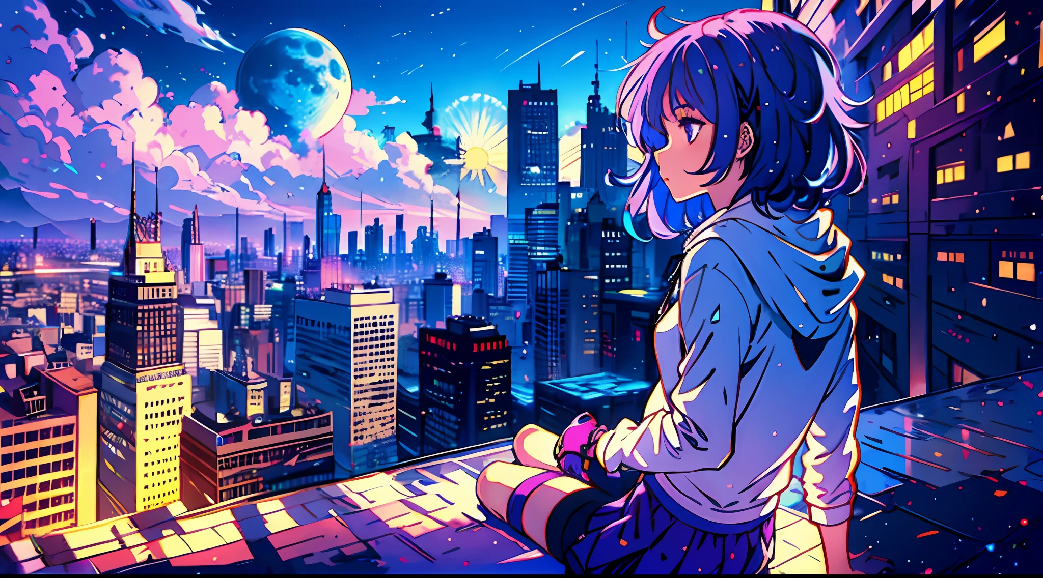 1girl, Long purple hair, Modern hoodie, Miniskirt, Converse shoes, Modern city, Skyscape roof edge, noon, sun, blue sky, clouds, (taken from behind)), low angle, volumetric lights, 8K, best quality, sharp, detail, moon and sun, crystal clear night sky