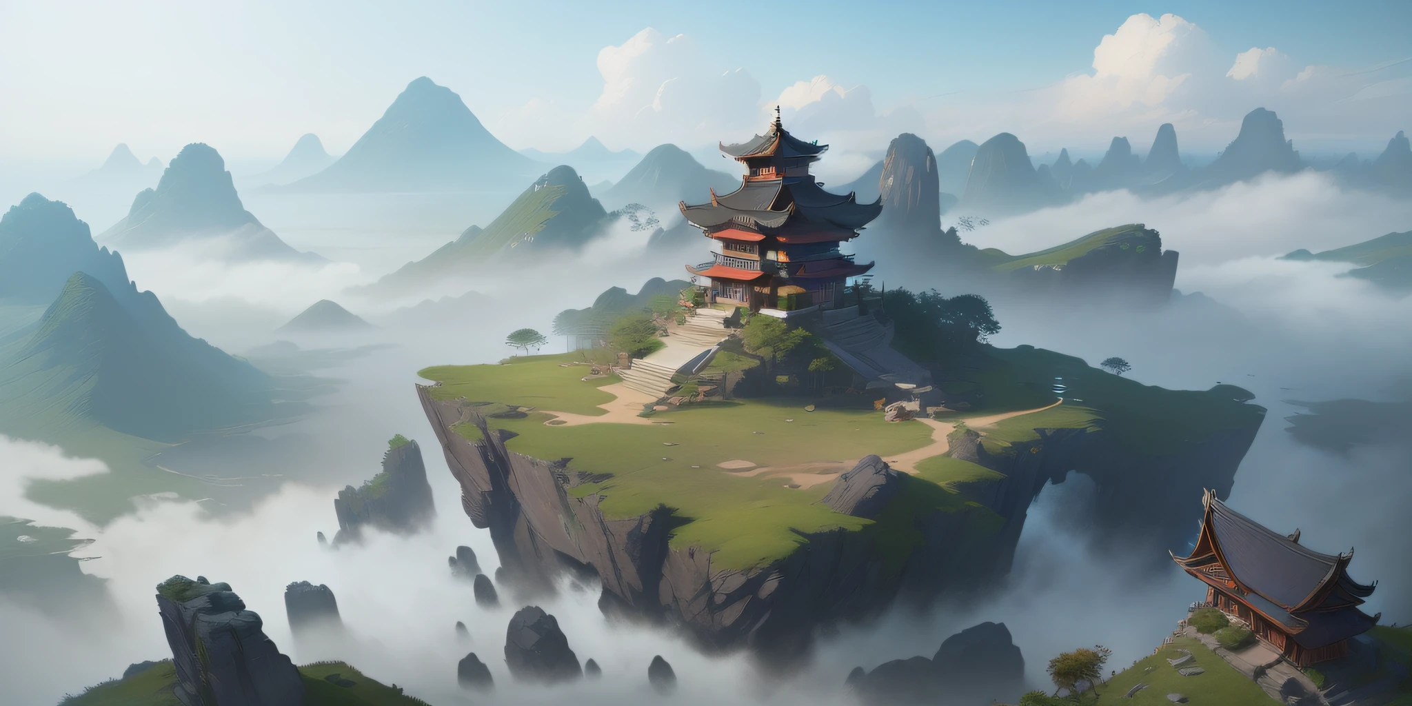 there is a small island with a pagoda on top of it, ross tran. scenic background, digital painting of a pagoda, rendered in corona, rossdraws global illumination, unreal engine fantasy art, chengwei pan on artstation, g liulian art style, riot games concept art, concept art | rhads, wlop and ross tran, unreal engine render concept art