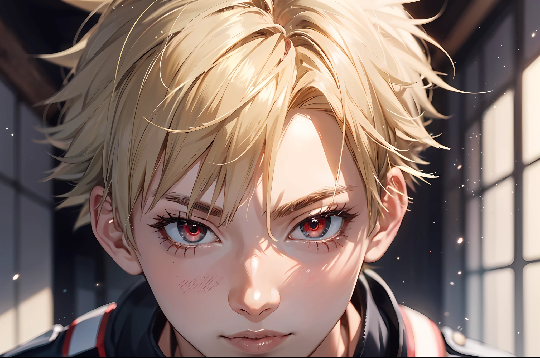 ((masterpiece, top quality, super definition, high definition)), one boy, katsuki bakugou,My Hero Academia,blonde short hair and red eyes, shining eyes, perfect red eyes, 19 years old, black platinum theme,