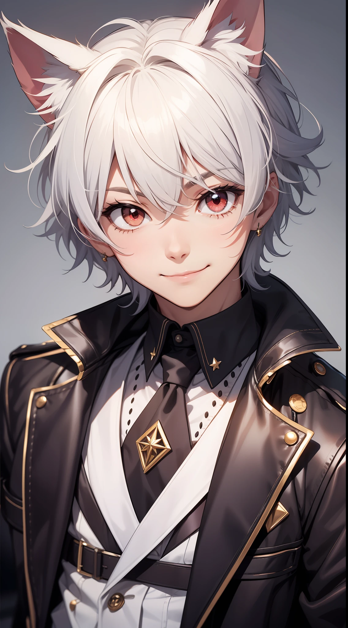 Young guy, short white hair, red eyes, cat ears, dressed like a pop idol, smile, masterpiece, high quality
