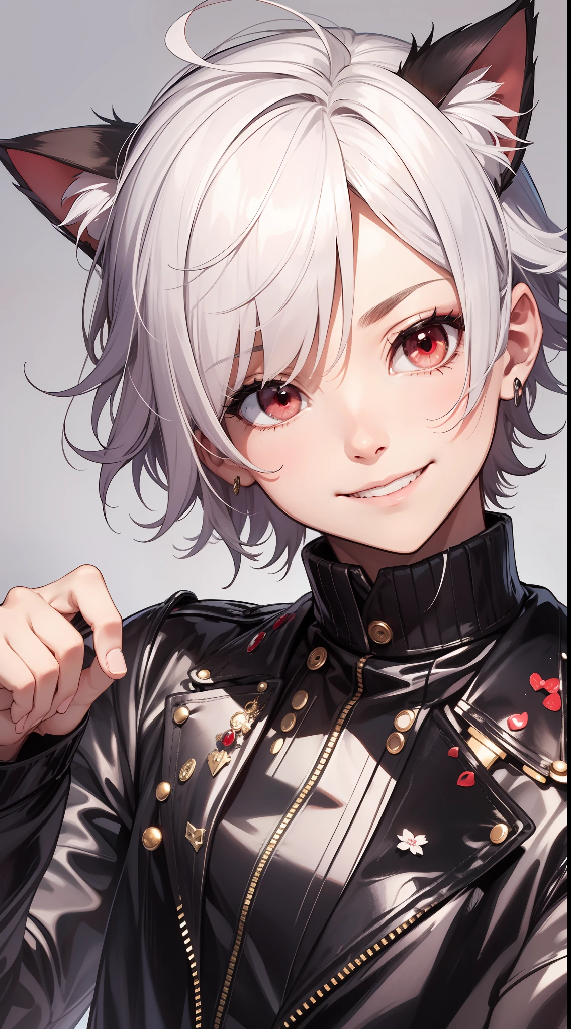 Young guy, short white hair, red eyes, cat ears, dressed like a pop idol, smile, masterpiece, high quality