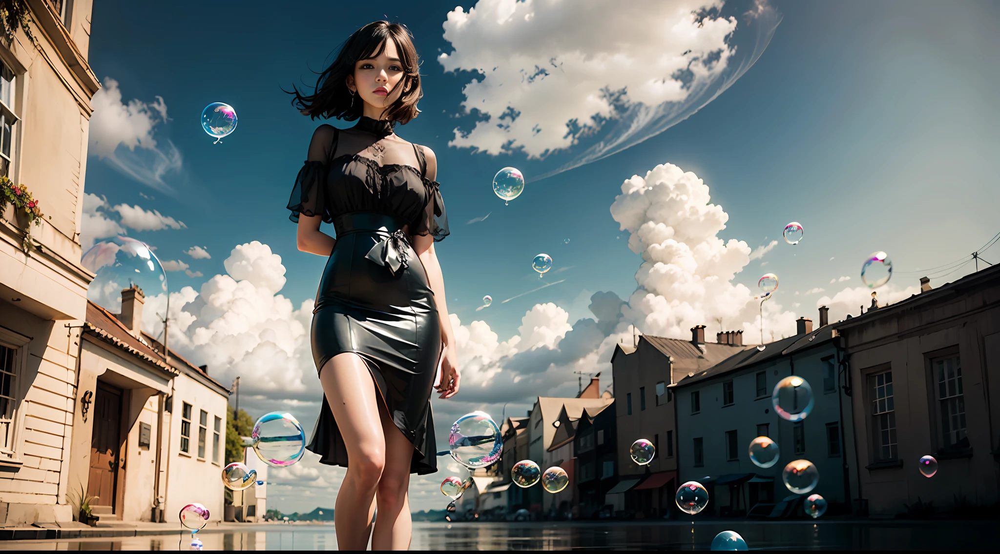 high quality, one standing woman, black dress, clear hands, ((clouds and colorful soap bubbles))