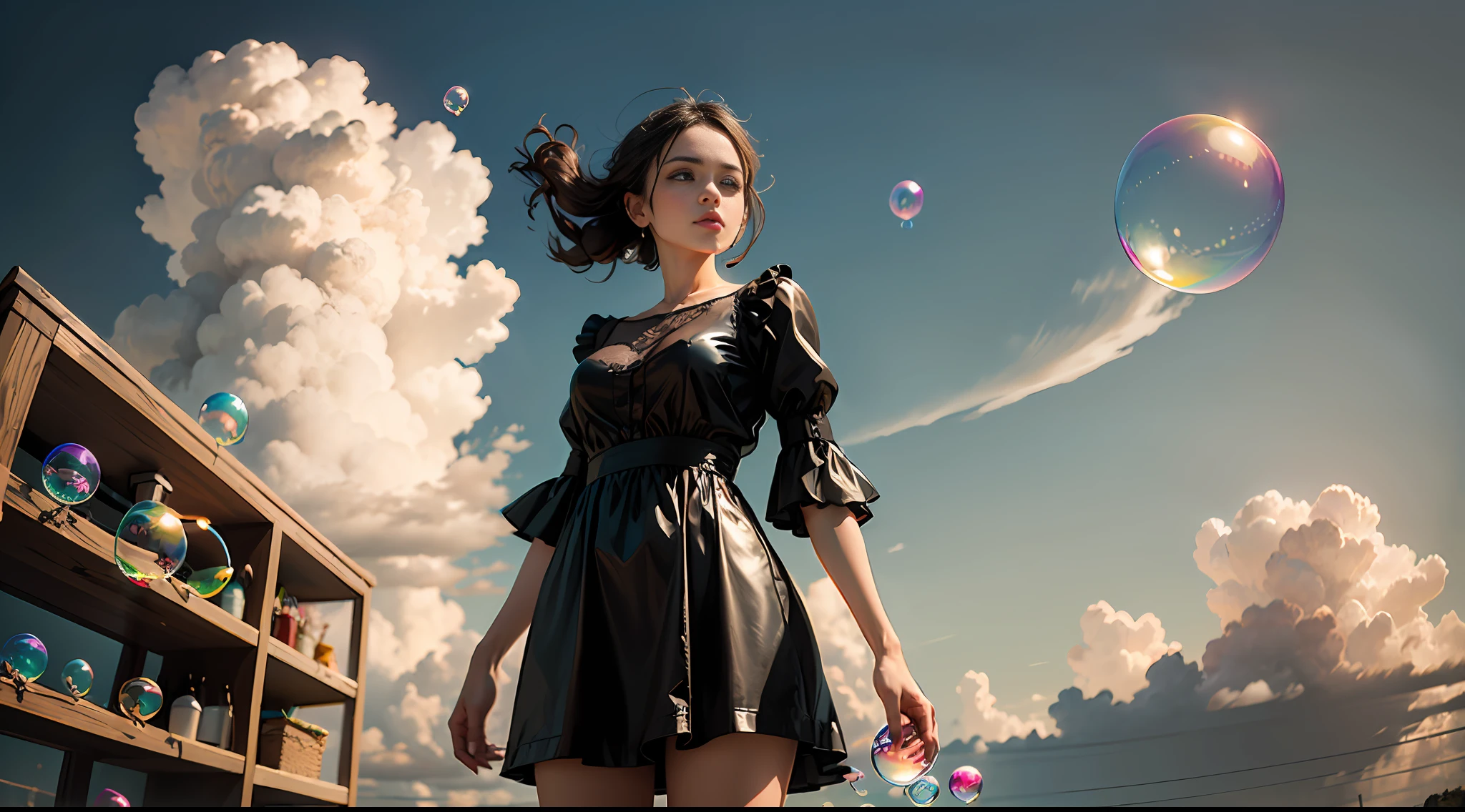 high quality, one standing woman, black dress, clear hands, ((clouds and colorful soap bubbles))