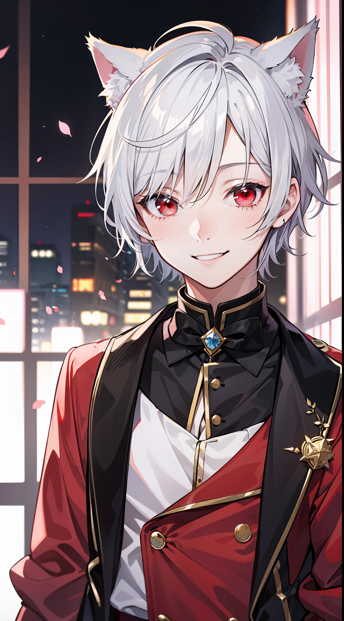 Young guy, short white hair, red eyes, cat ears, dressed like a pop idol, smile, masterpiece, high quality