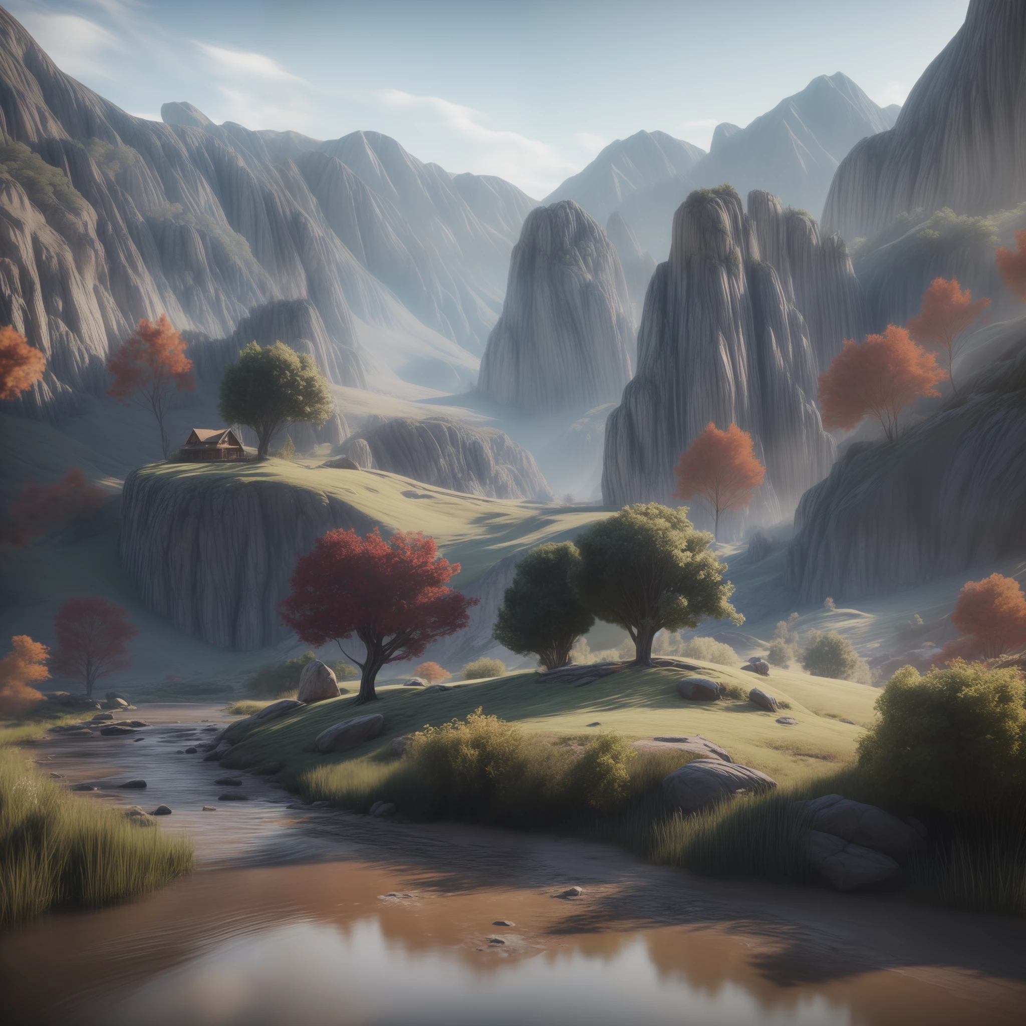 peaceful landscape, cinematic, 8k, detailed, realistic , octane render, ((intricate details)), hdr, ((intricate details, hyperdetailed))