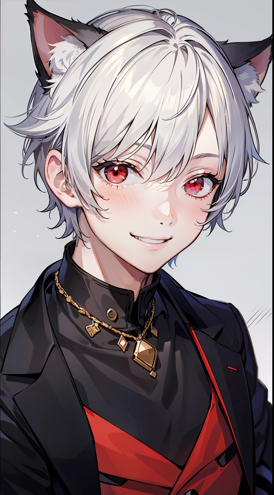 Young guy, short white hair, red eyes, cat ears, dressed like a pop idol, smile, masterpiece, high quality